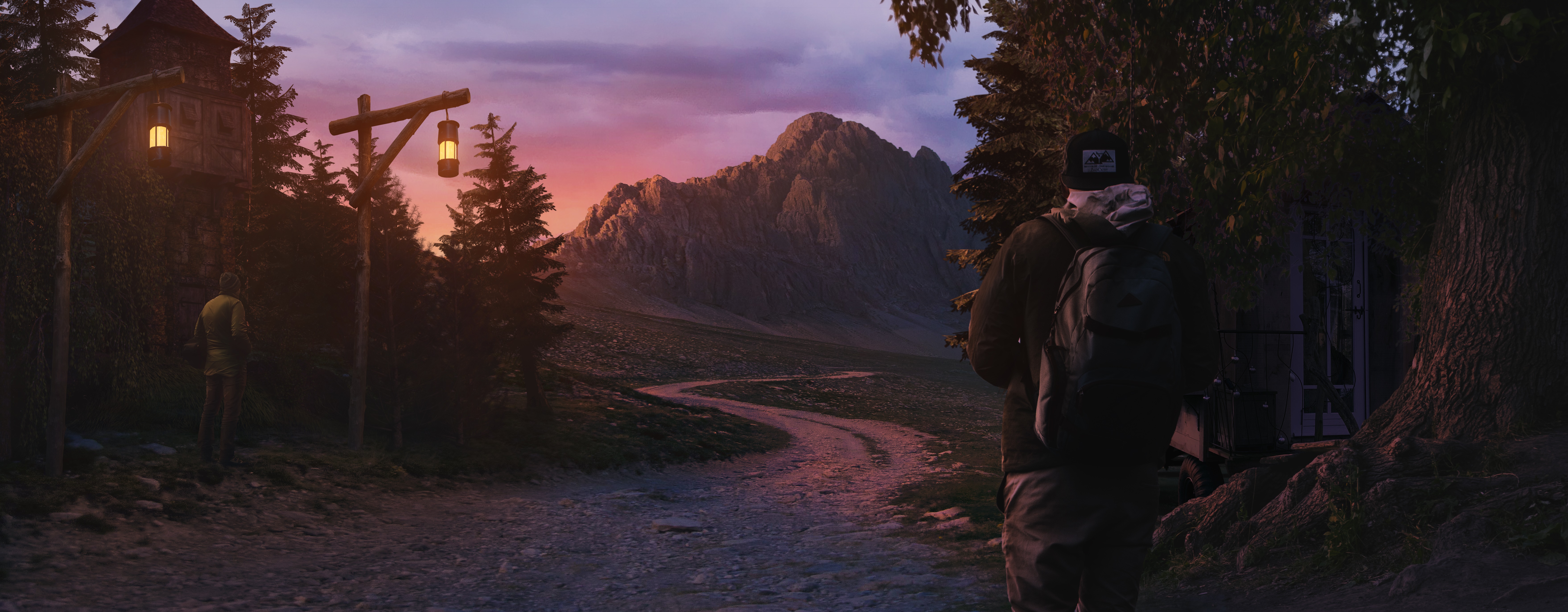 Man with backpack on a dirt road at dawn HD Wallpaper
