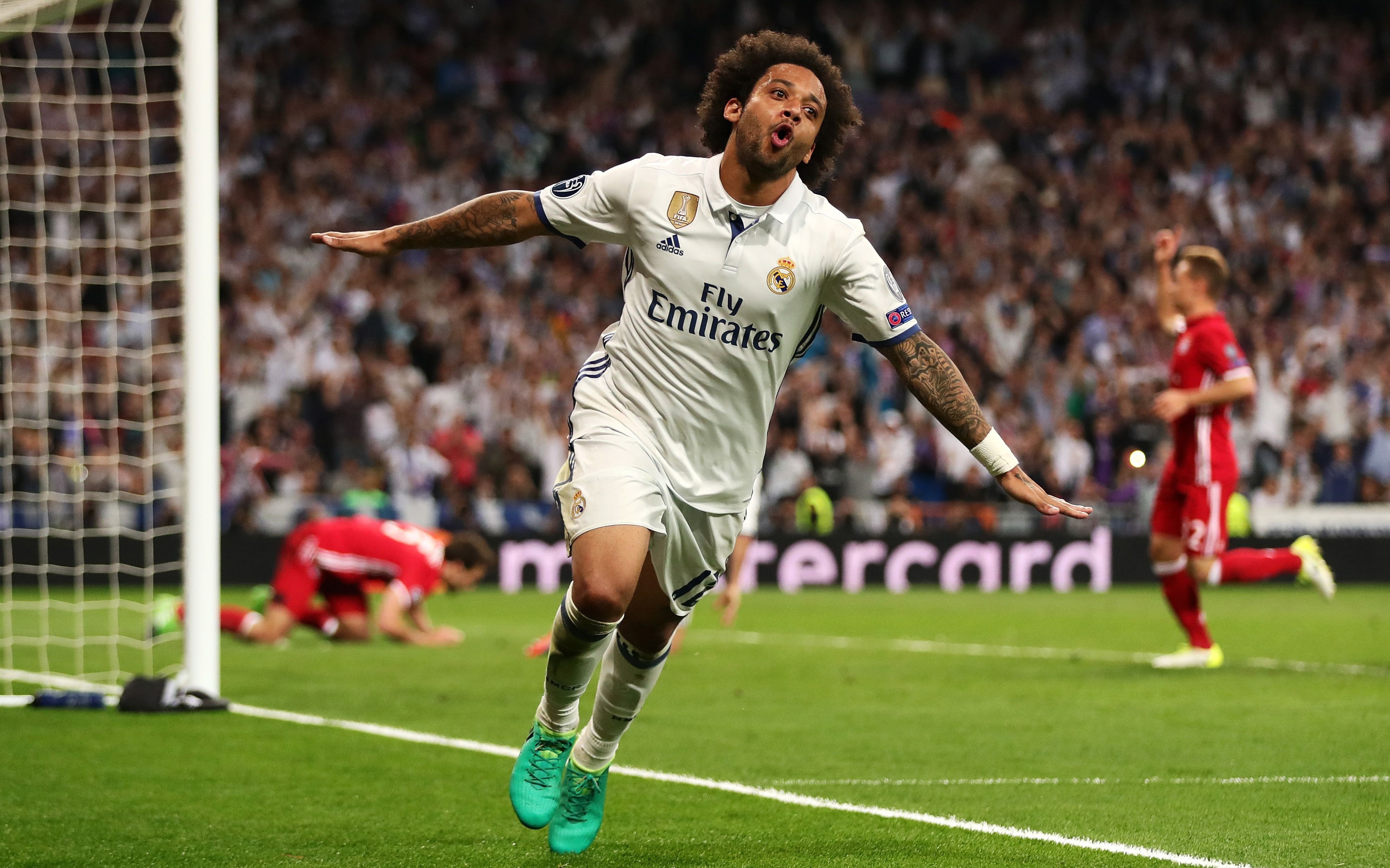 Marcelo Vieira celebrating a goal in Real Madrid kit HD Wallpaper