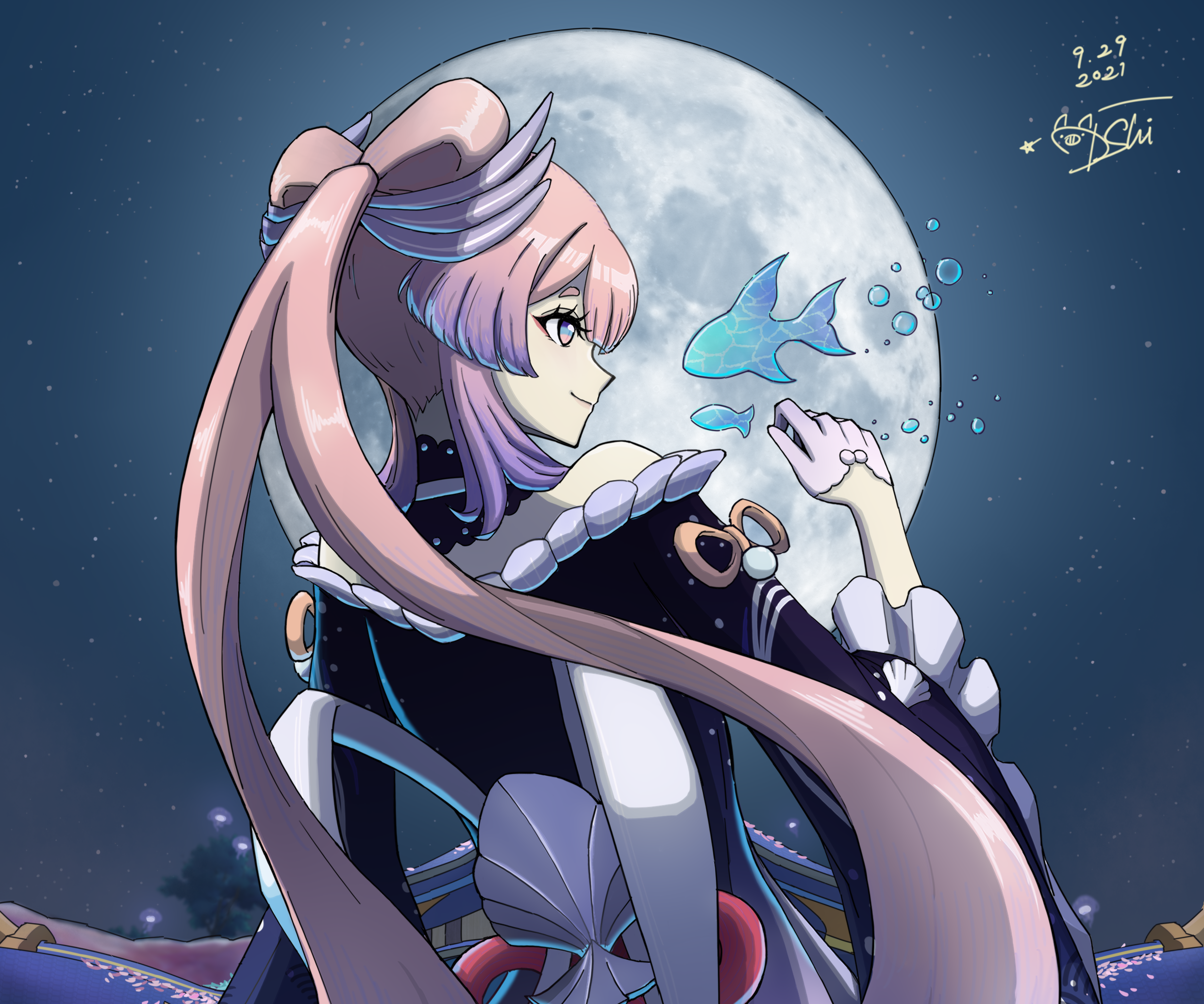 Sangonomiya Kokomi from Genshin Impact with fish HD Wallpaper