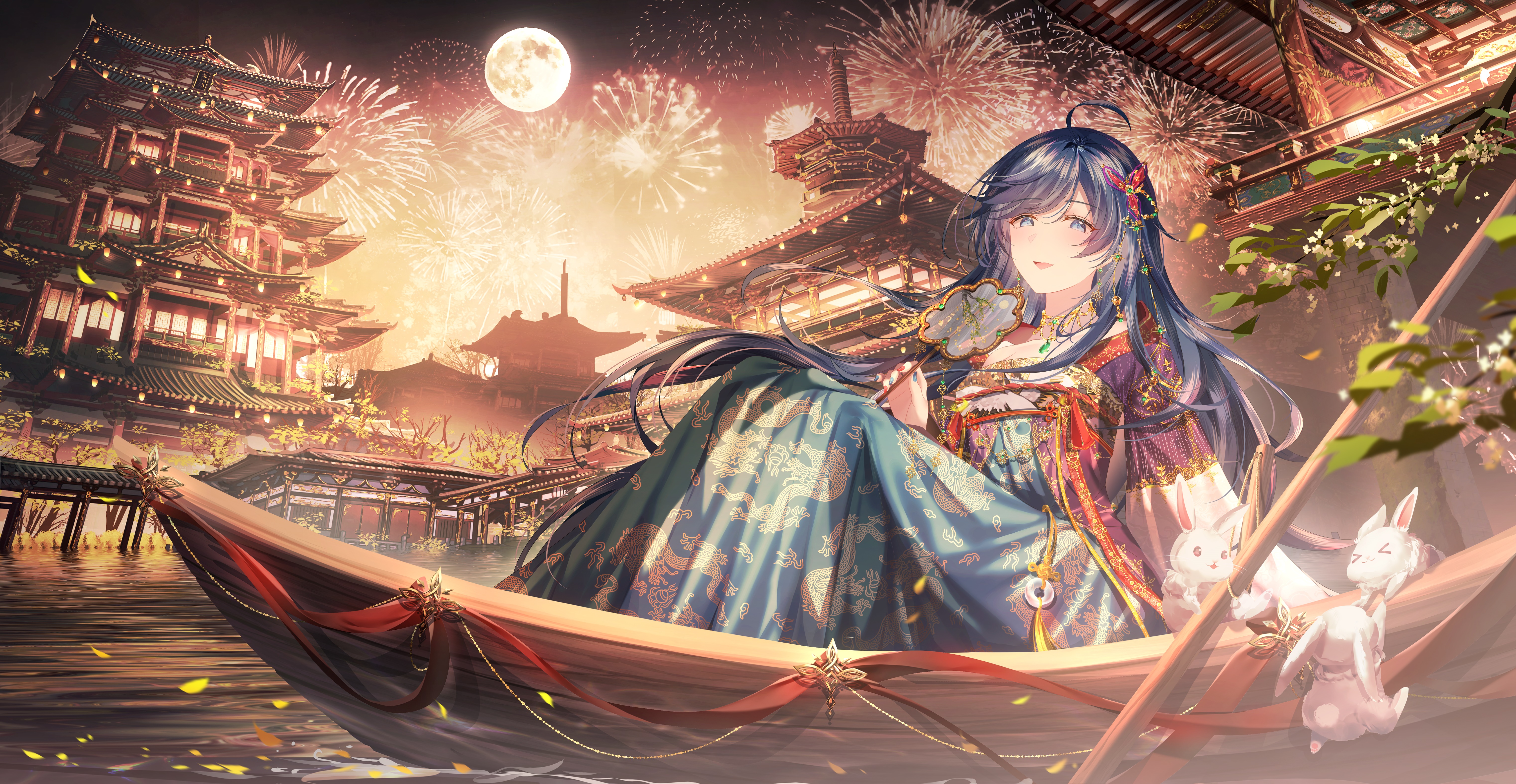 Girl with Blue Hair in a Boat with Fireworks HD Wallpaper