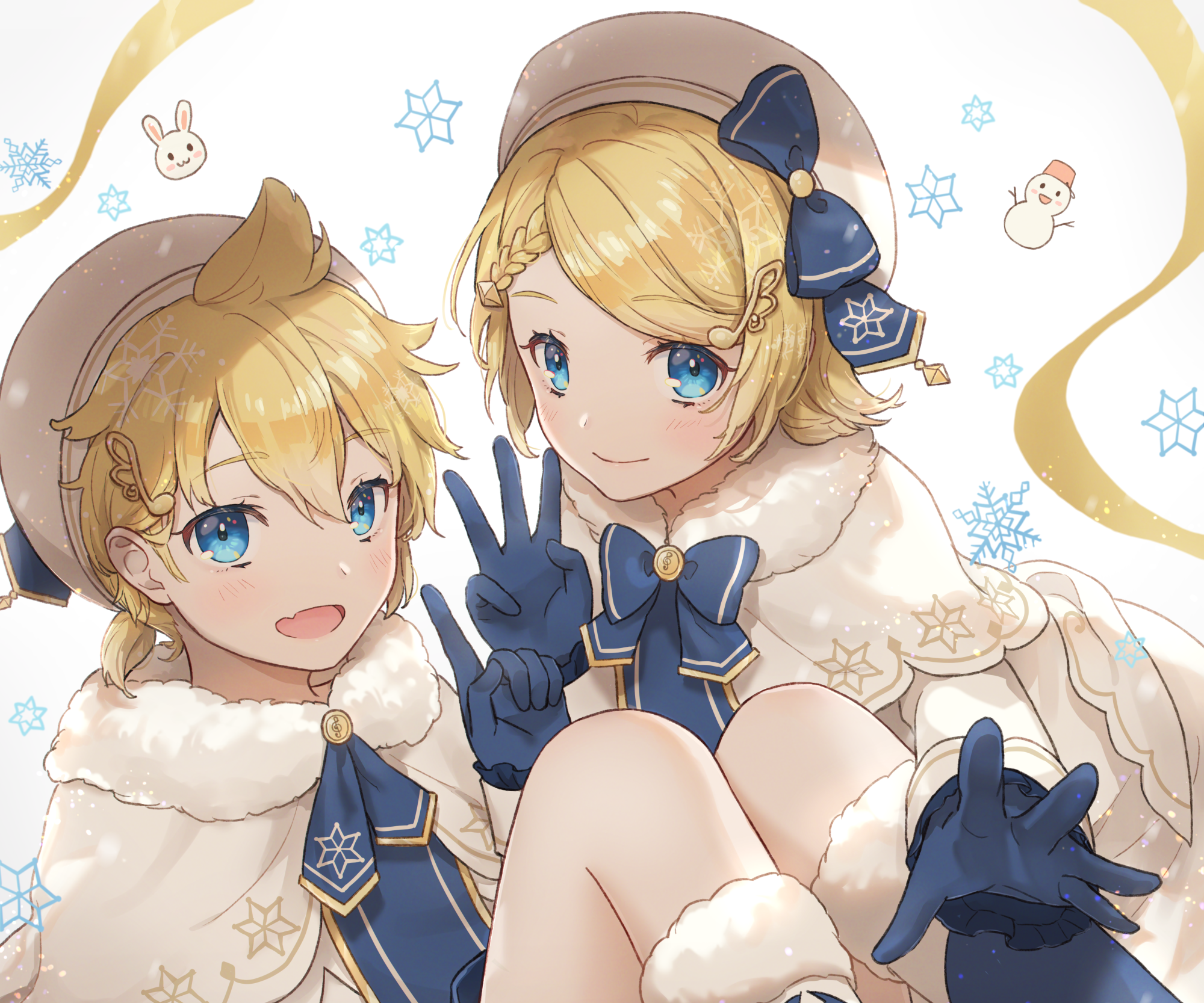 Rin and Len Kagamine from Vocaloid in winter outfits HD Wallpaper