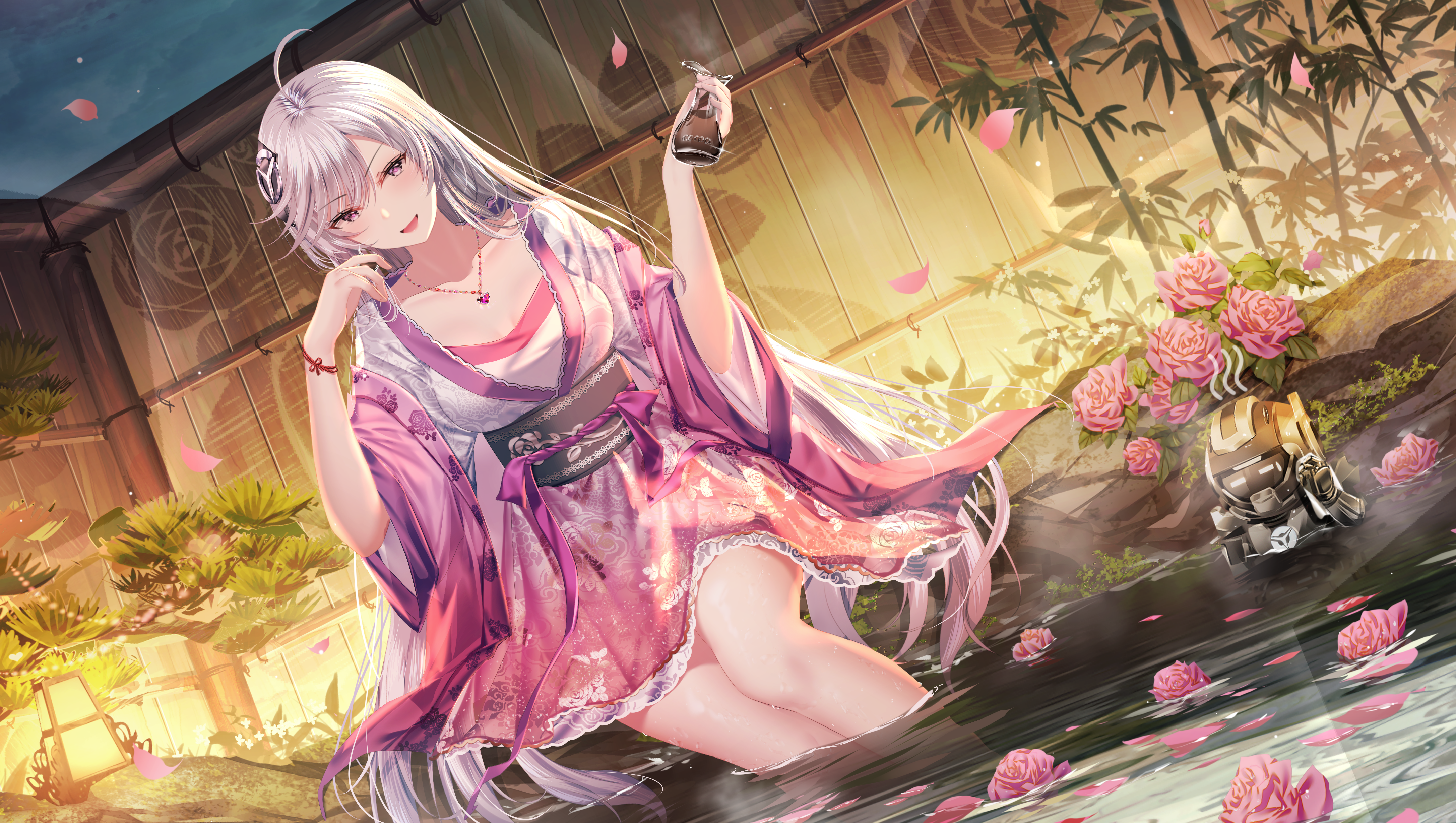 Girl in Kimono in Hot Spring 4K HD Wallpaper