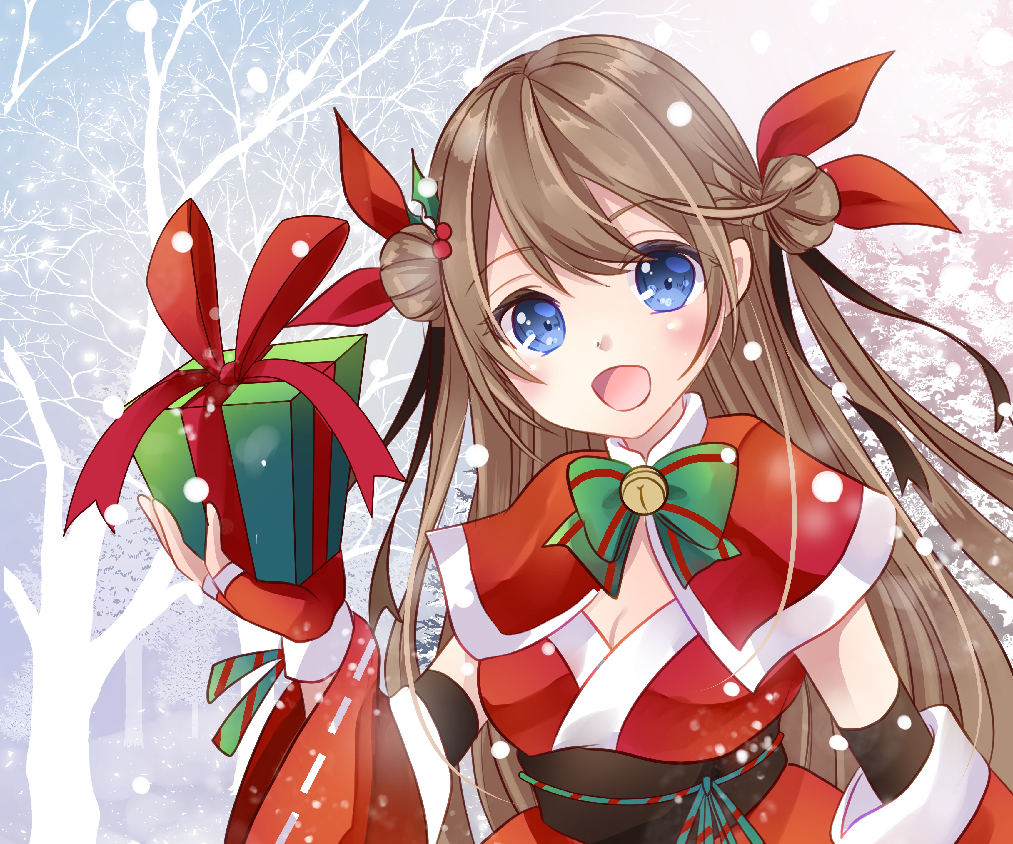 Anime girl in Christmas outfit holding a gift HD Wallpaper