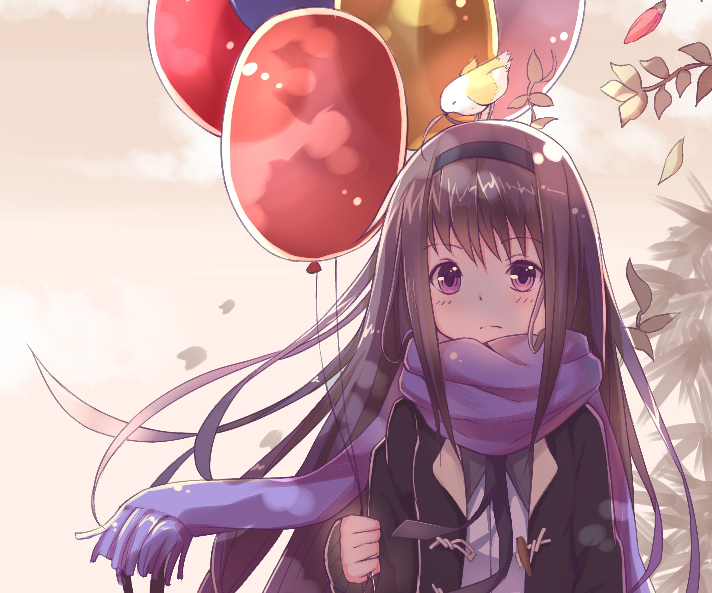 Homura Akemi from Puella Magi Madoka Magica with balloons HD Wallpaper