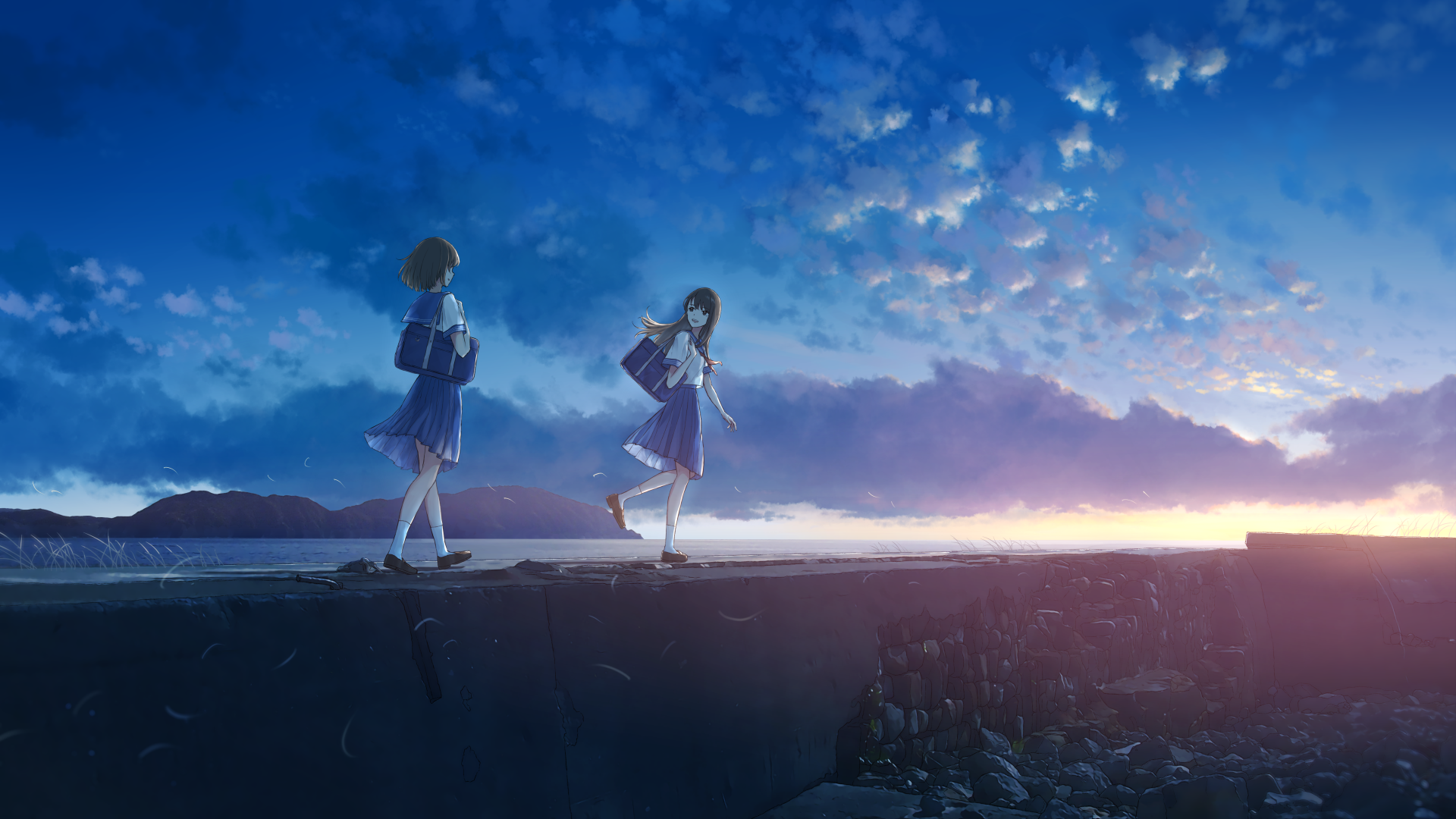 Two schoolgirls walking by the sea at sunset HD Wallpaper