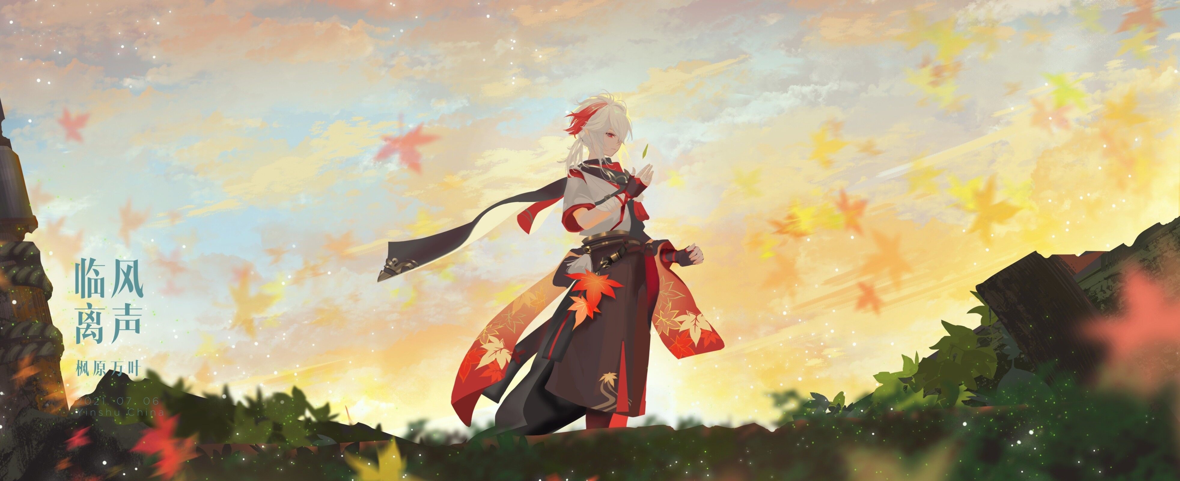 Kaedehara Kazuha from Genshin Impact with falling leaves HD Wallpaper