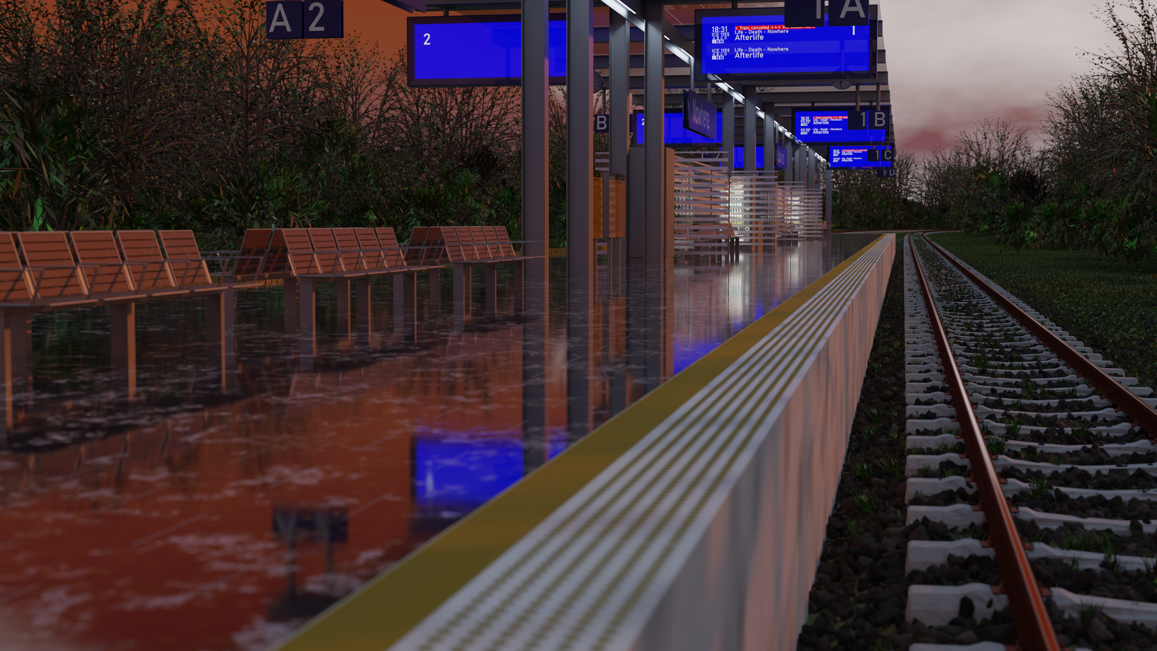 Train station platform with benches and tracks HD Wallpaper