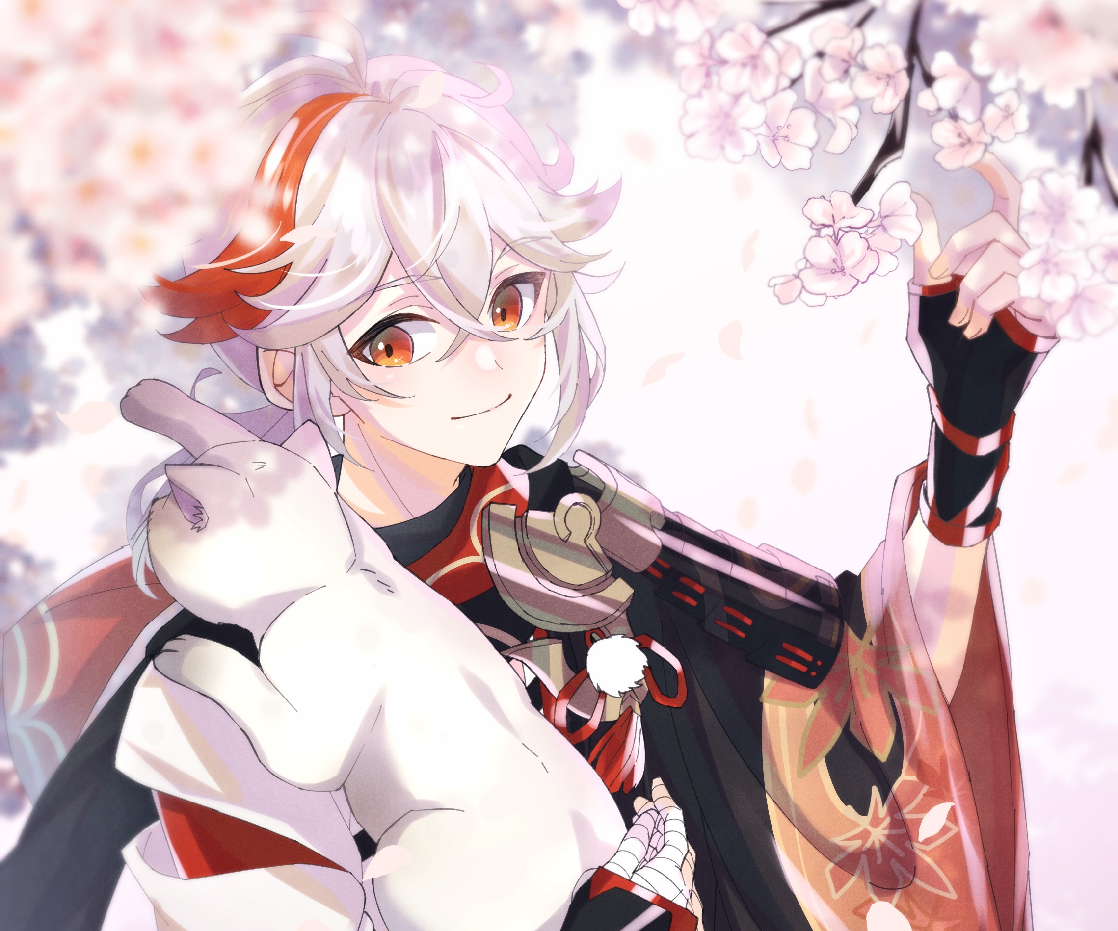 Kaedehara Kazuha from Genshin Impact with a cat HD Wallpaper