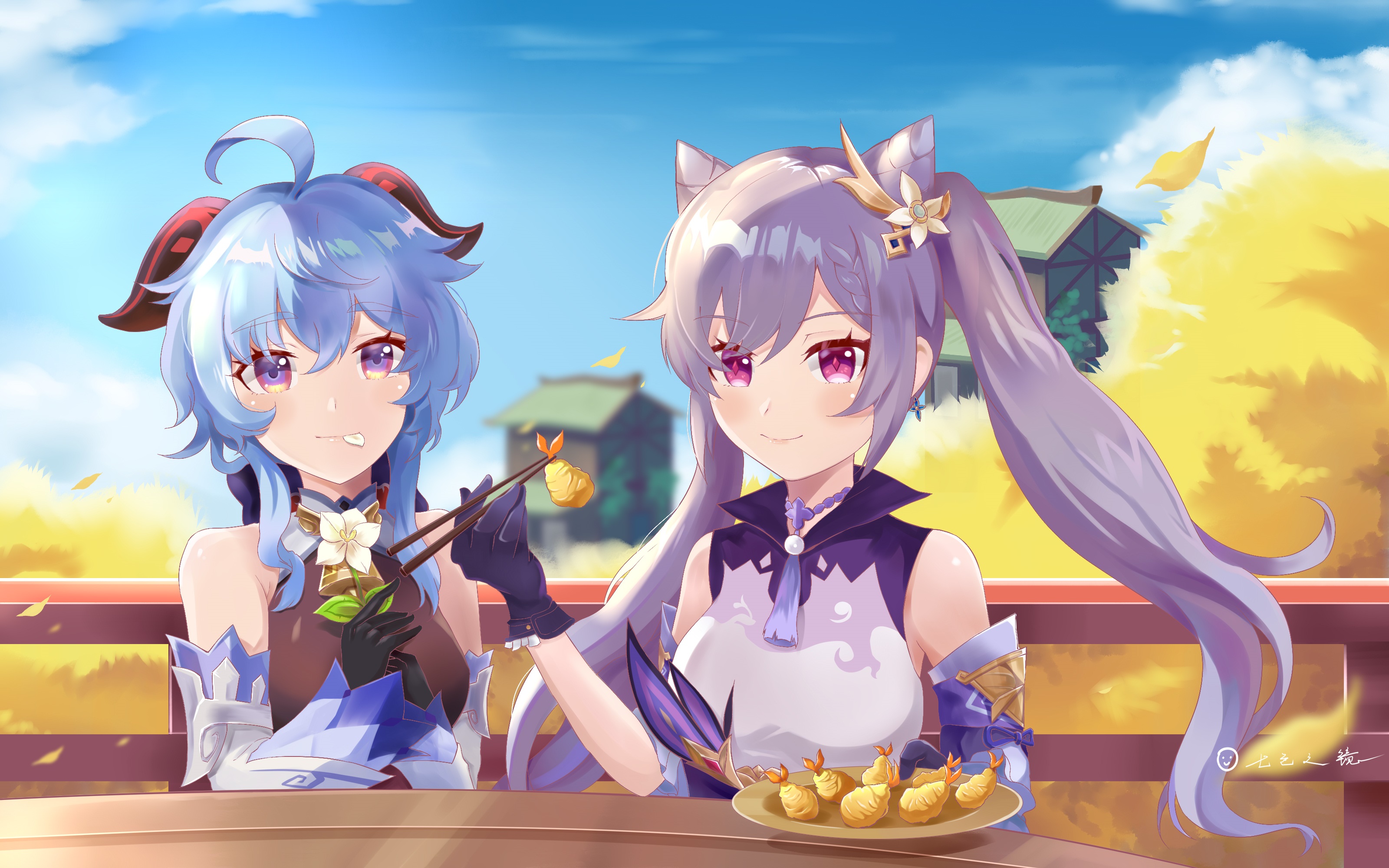 Keqing and Ganyu from Genshin Impact eating fried shrimp HD Wallpaper