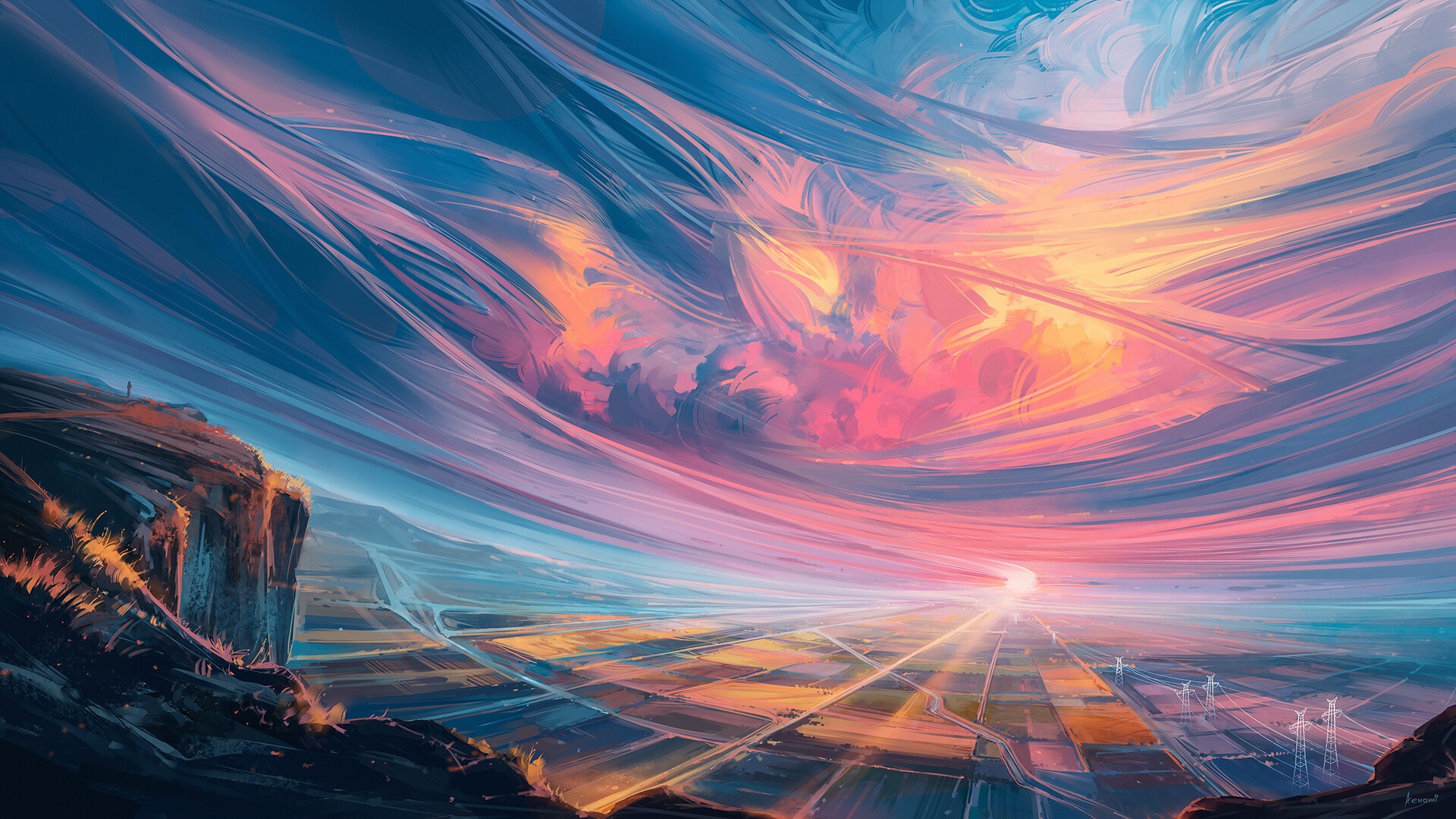Artistic landscape with sunset and clouds HD Wallpaper
