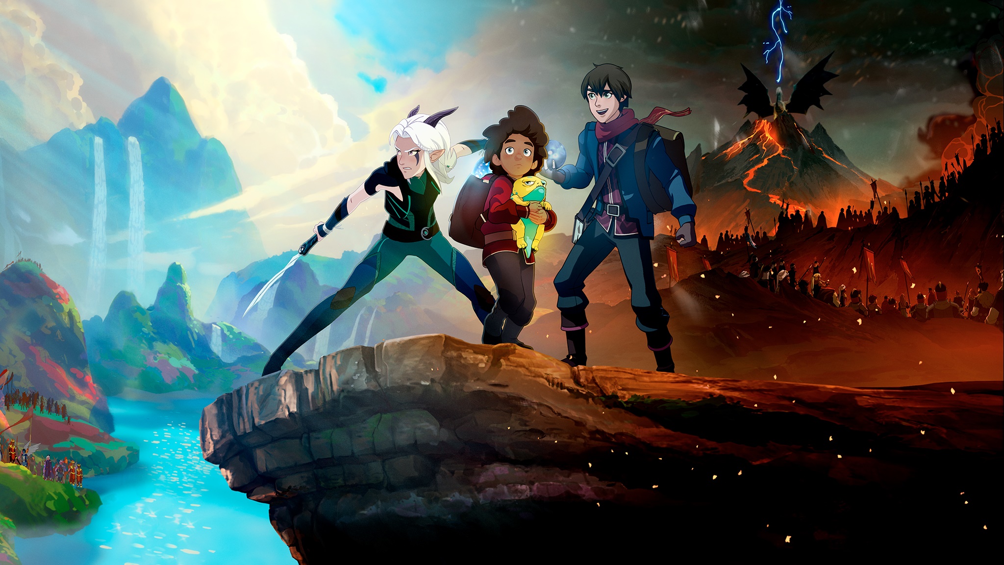 The Dragon Prince characters on a cliff HD Wallpaper