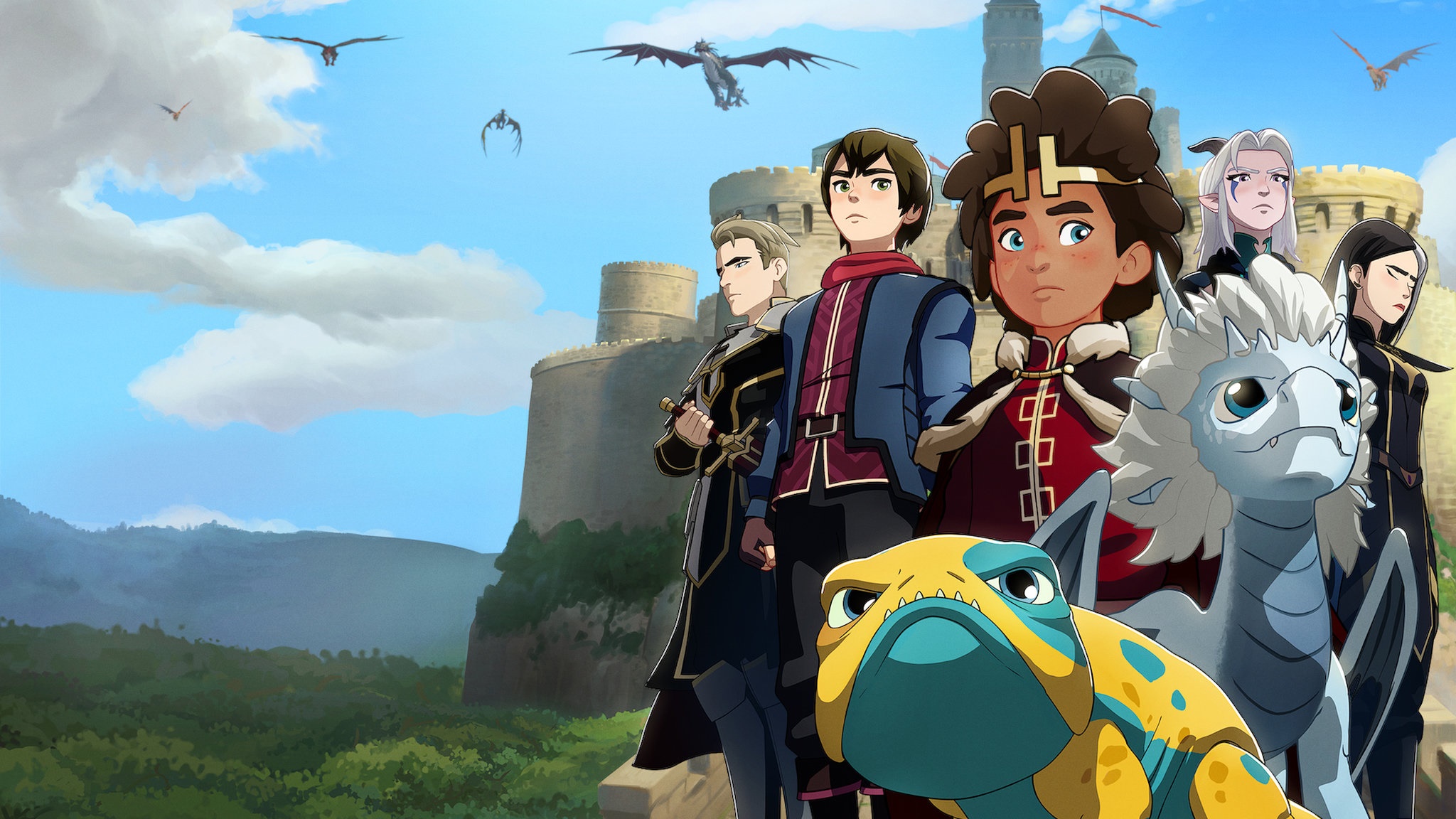 The Dragon Prince characters in front of a castle HD Wallpaper