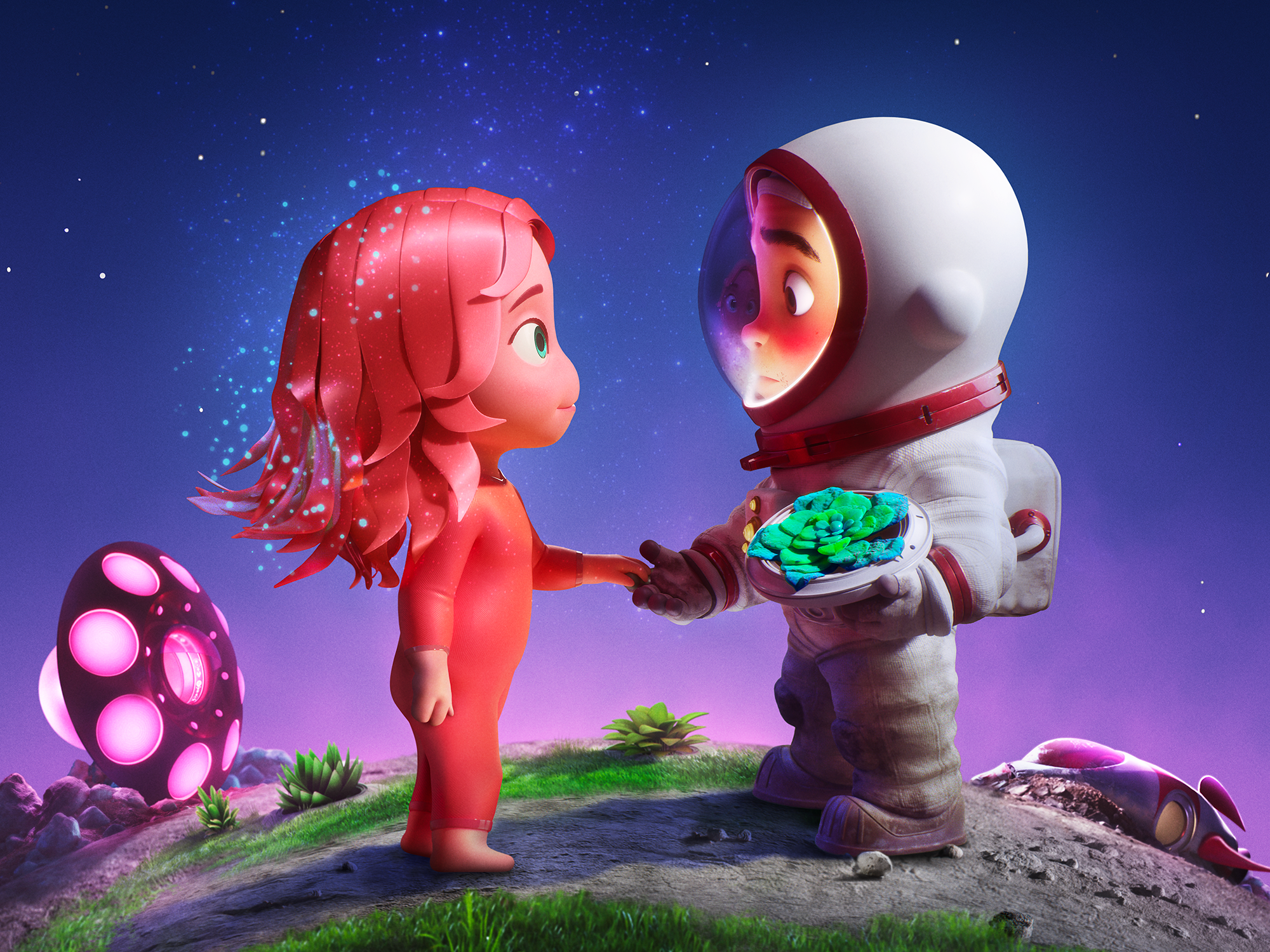 Astronaut and alien girl on alien planet HD Wallpaper