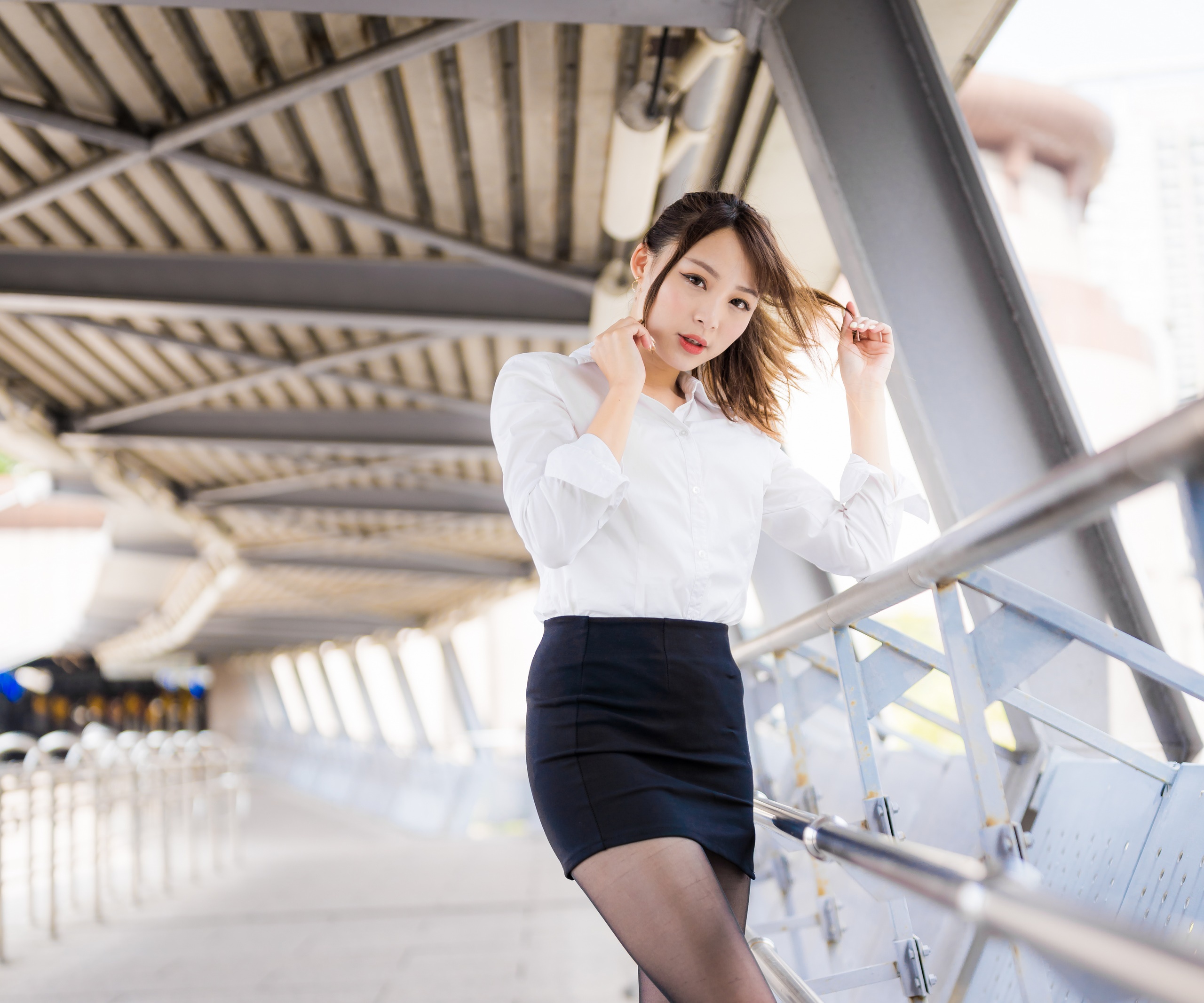 Asian woman in white shirt and black skirt HD Wallpaper