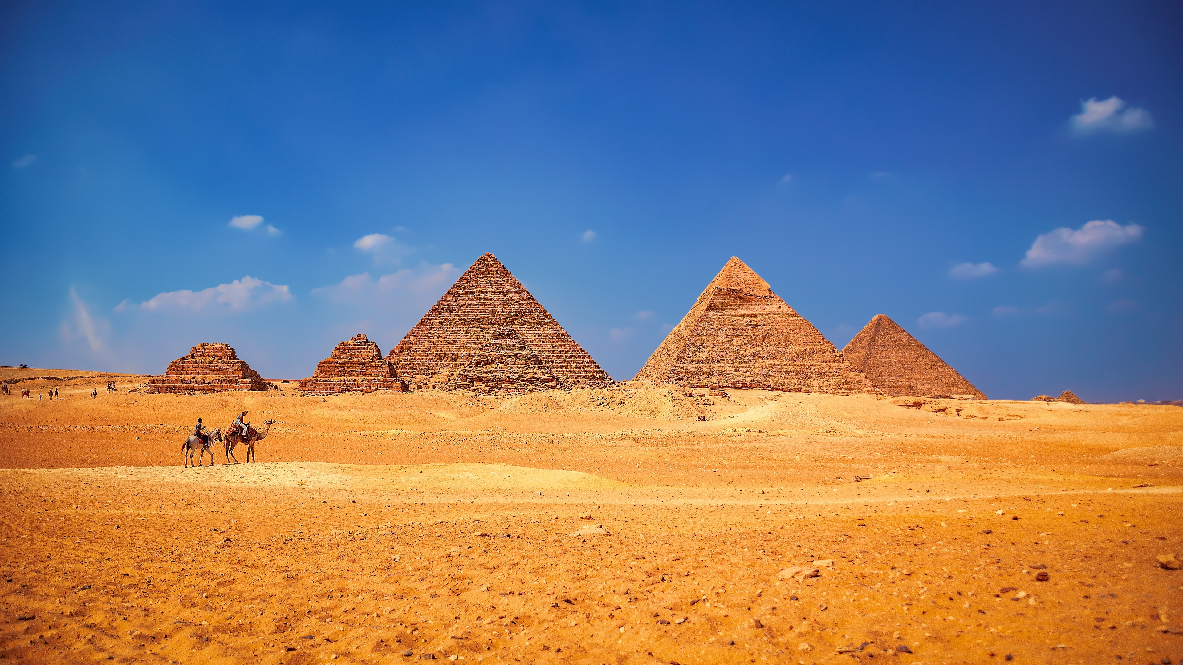 Pyramids of Giza, Egypt, Desert Landscape with Camels HD Wallpaper