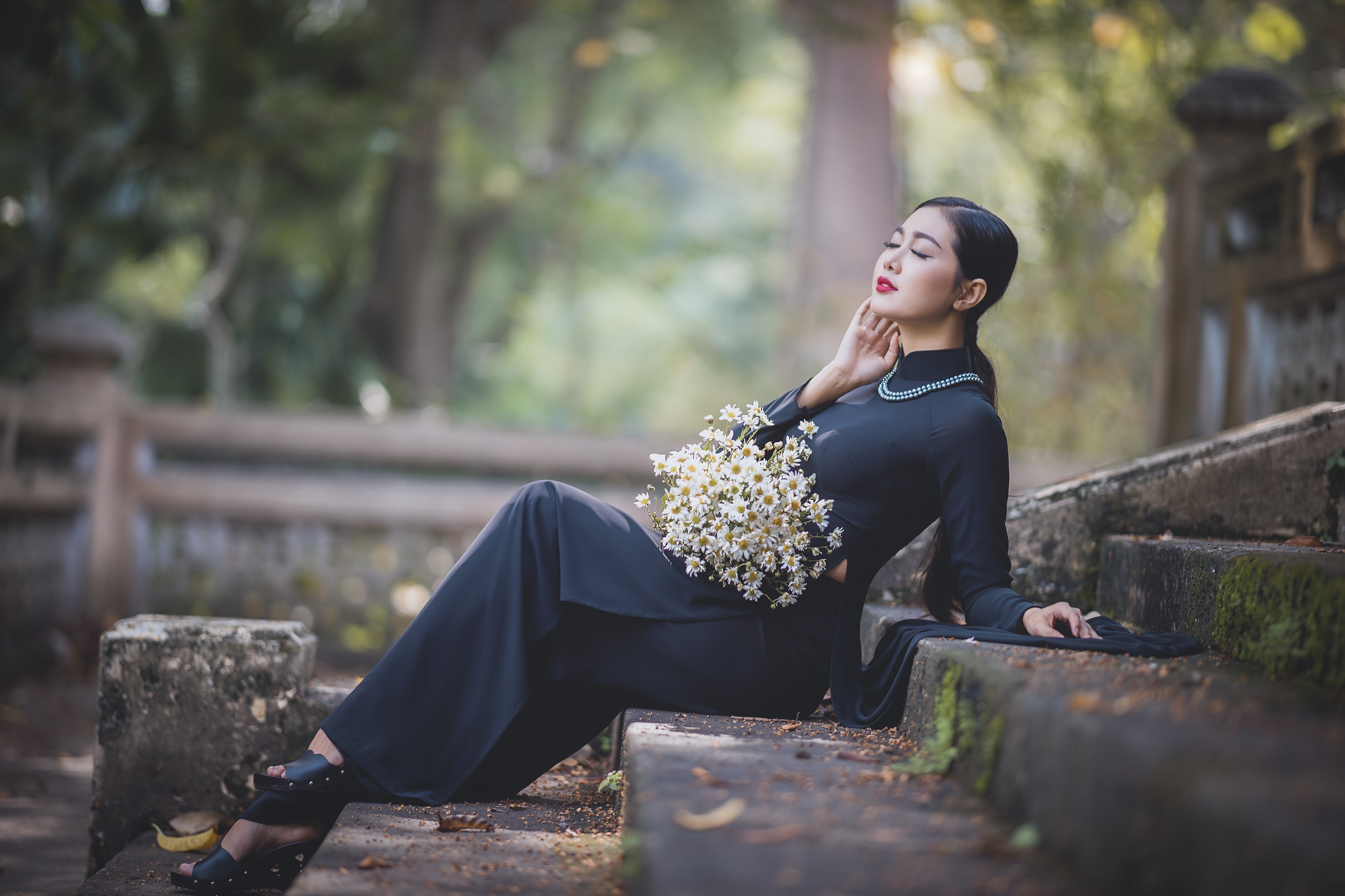 Asian woman in black dress with flowers HD Wallpaper
