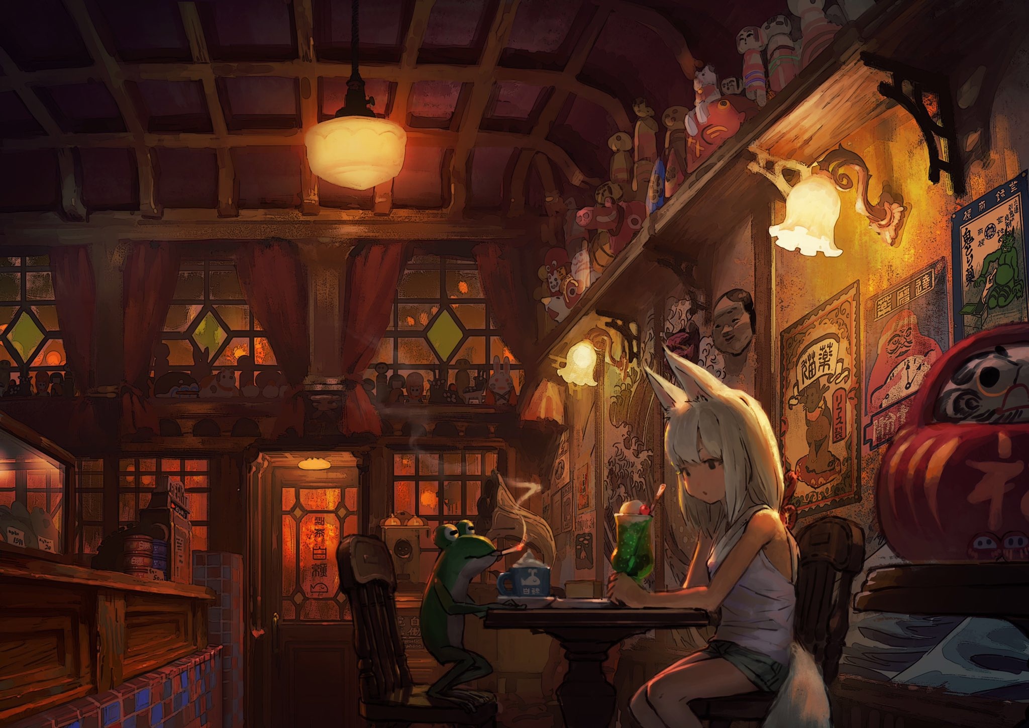 Girl with animal ears and frog in a dimly lit shop HD Wallpaper