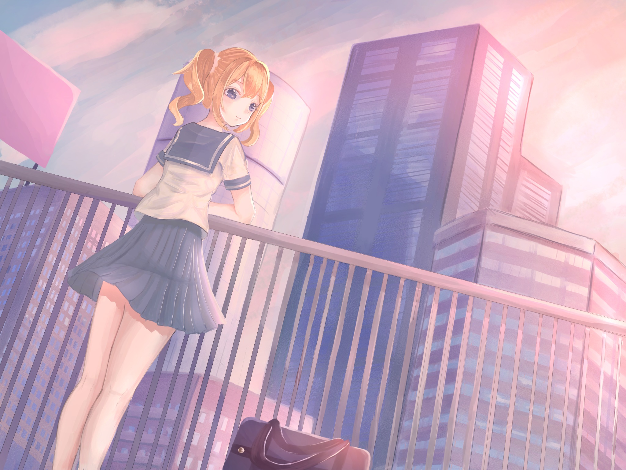 Girl in school uniform on a balcony with city buildings HD Wallpaper