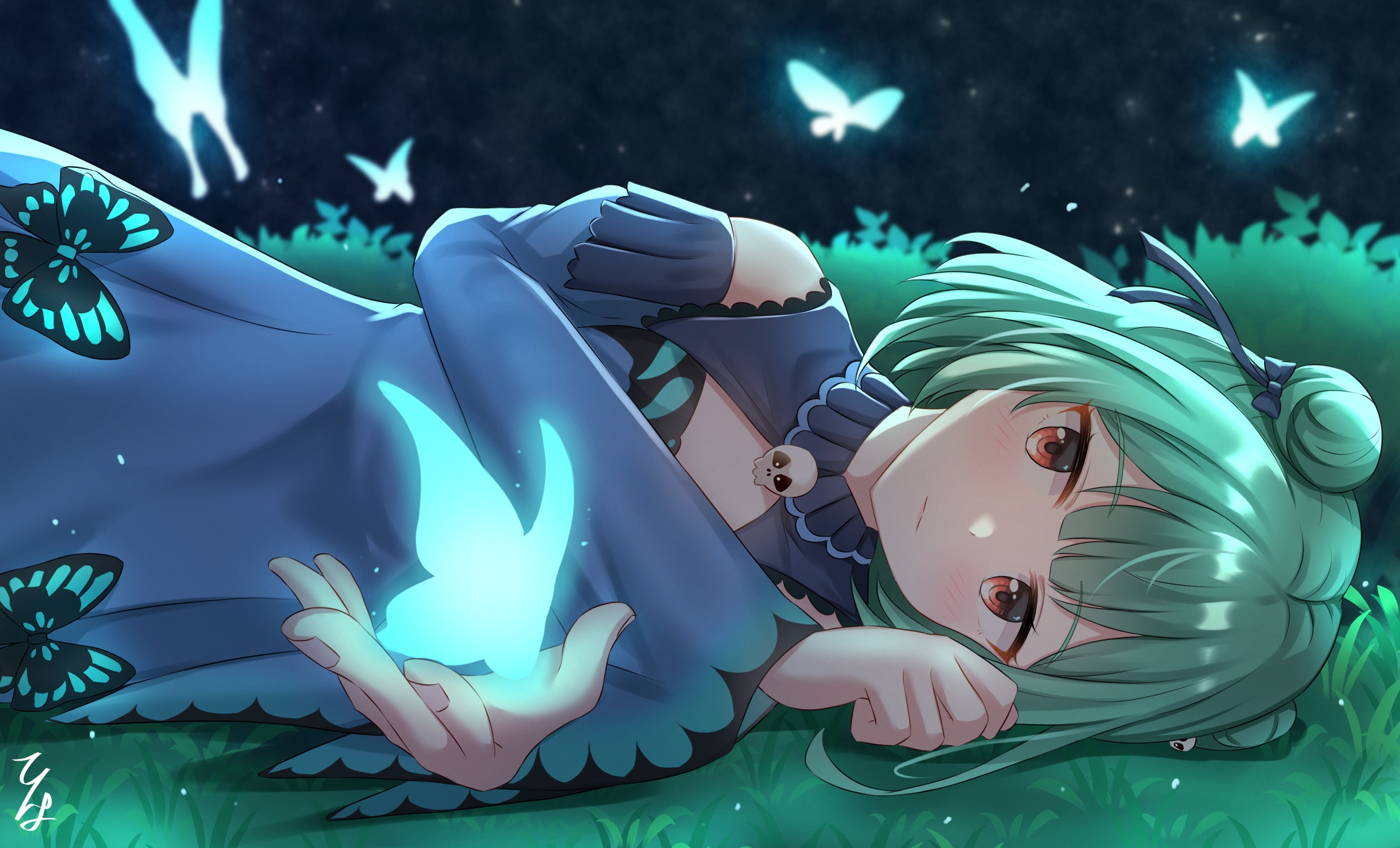 Uruha Rushia from Hololive with glowing butterflies HD Wallpaper