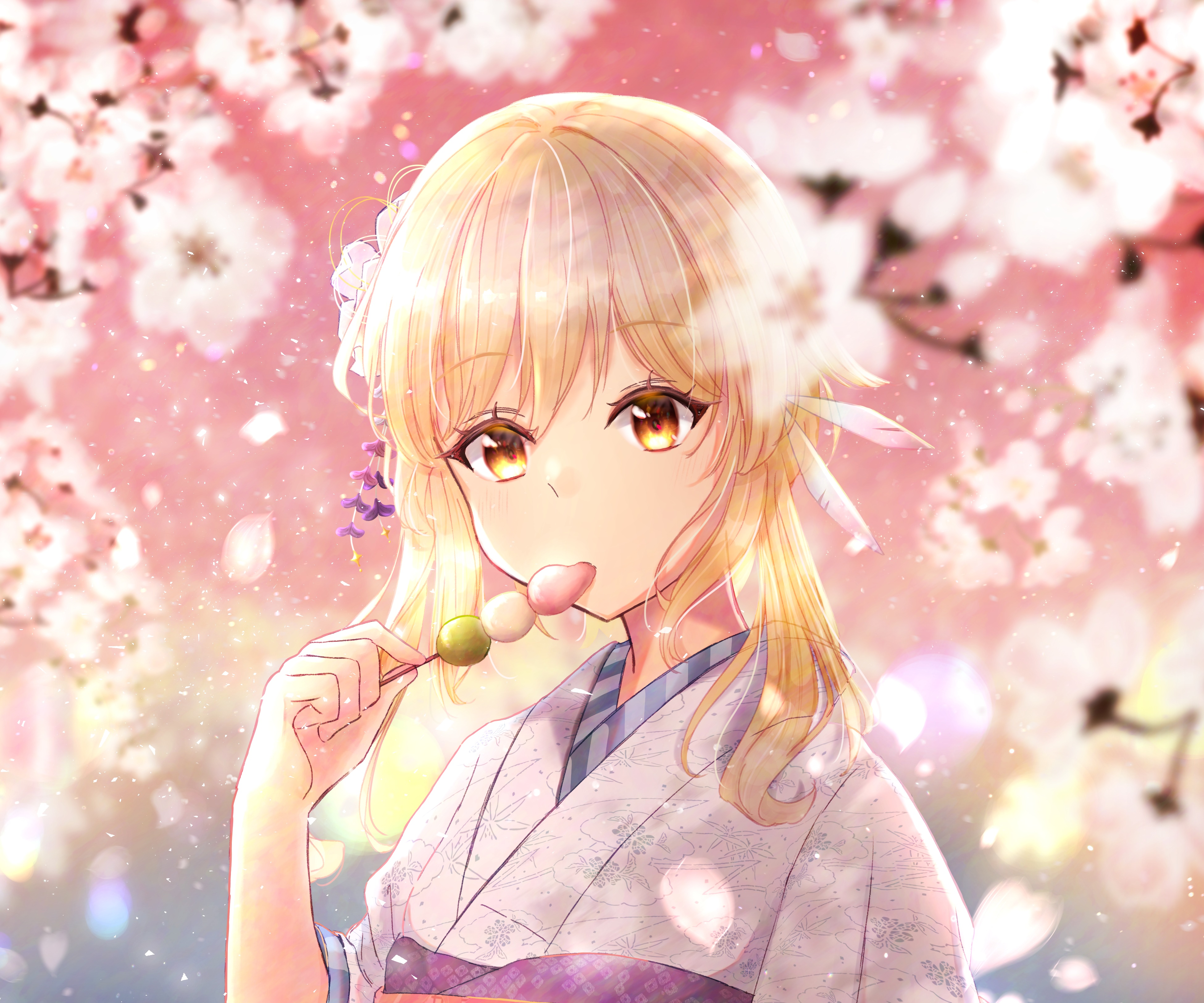 Lumine from Genshin Impact eating dango HD Wallpaper