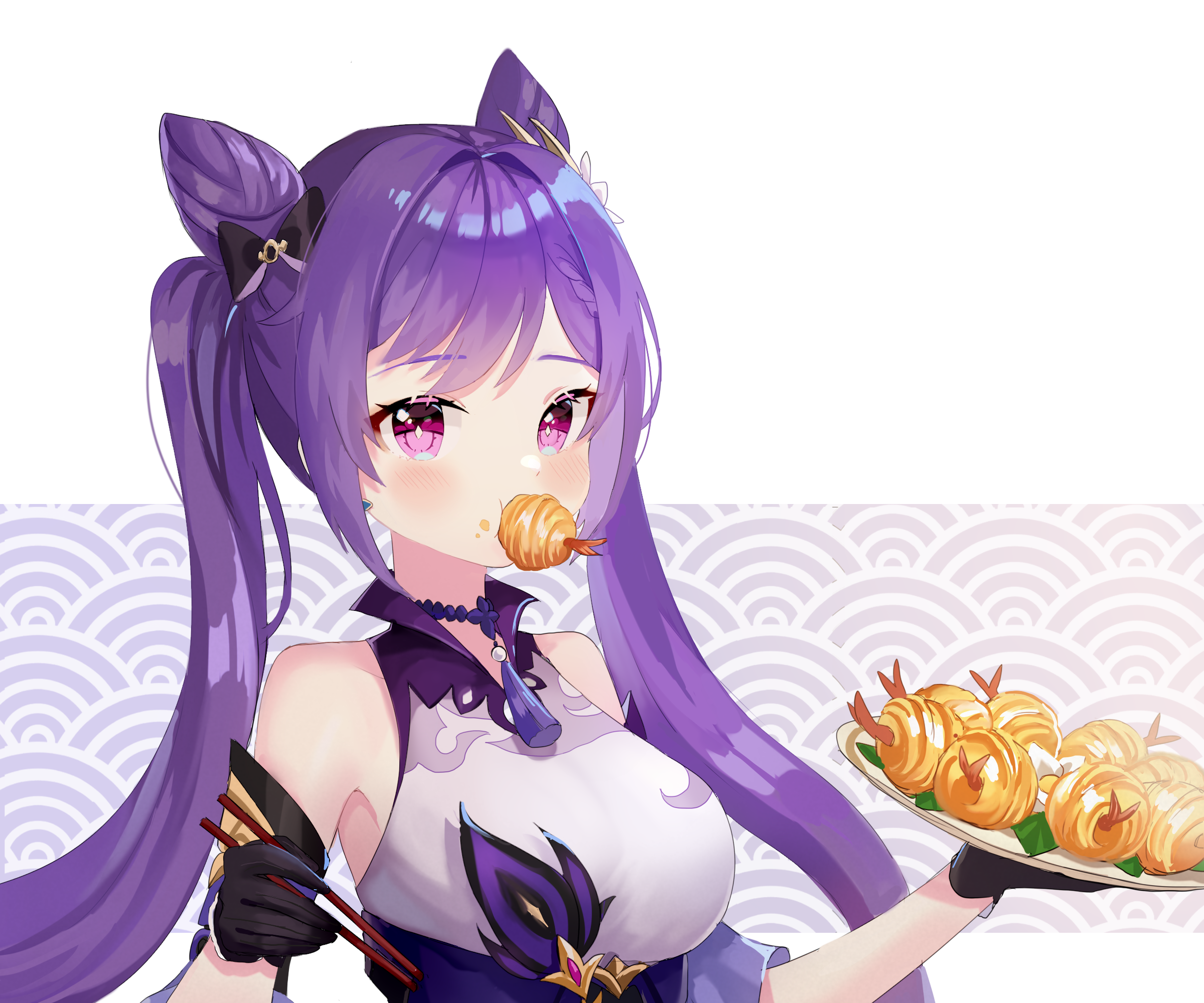 Keqing from Genshin Impact eating food HD Wallpaper