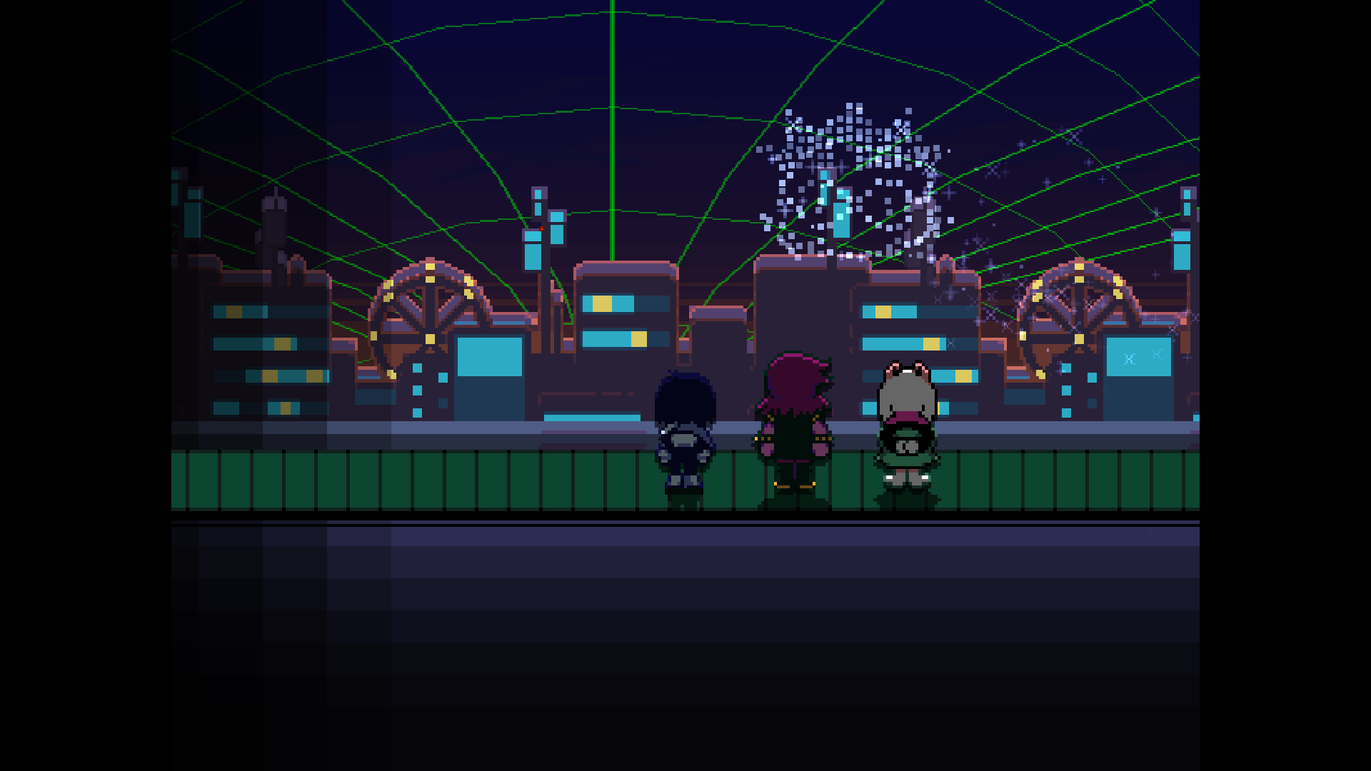Kris, Susie, and Ralsei watching fireworks in Cyber City HD Wallpaper