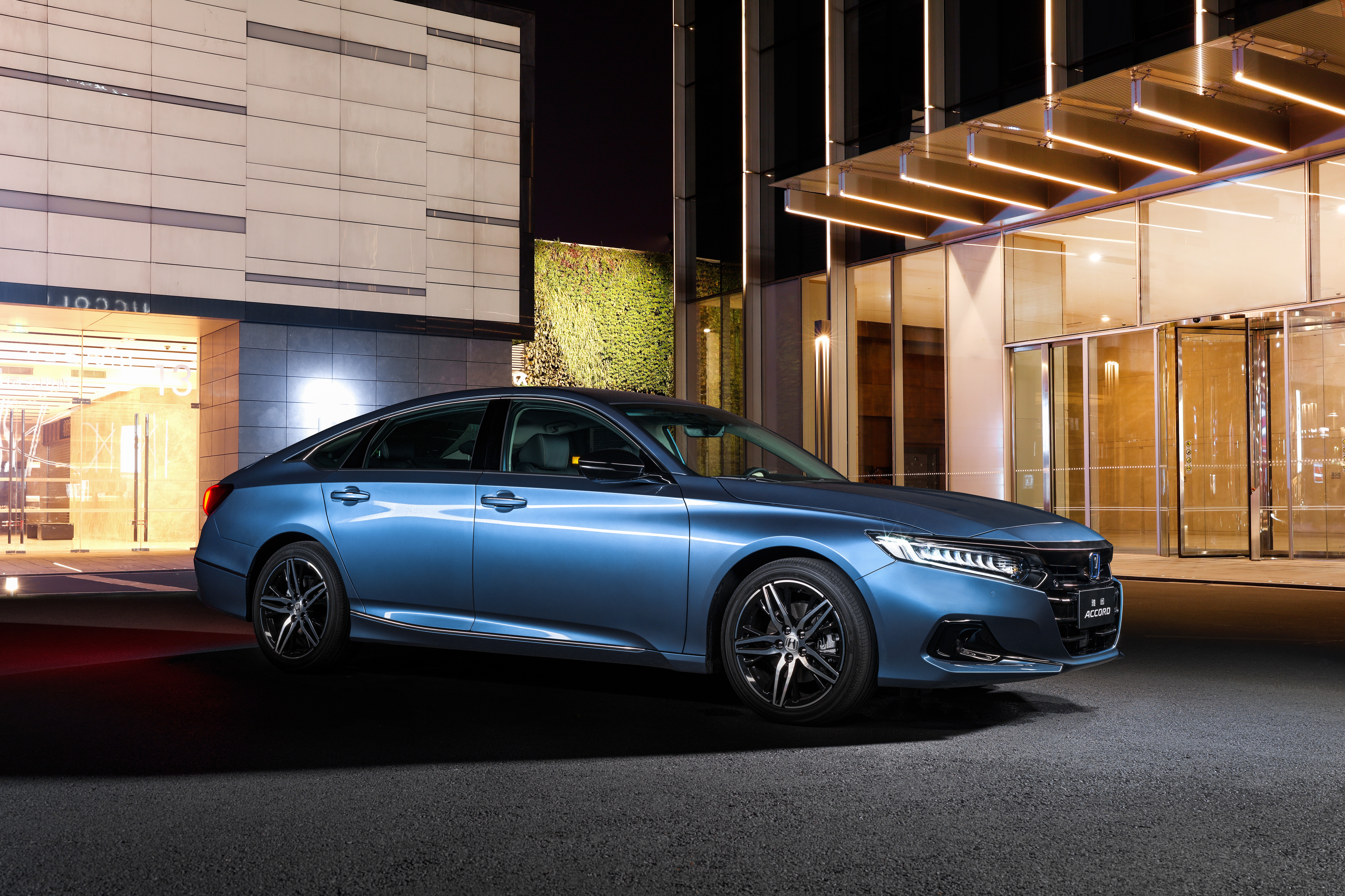 Blue Honda Accord Sport Hybrid parked outside modern building HD Wallpaper