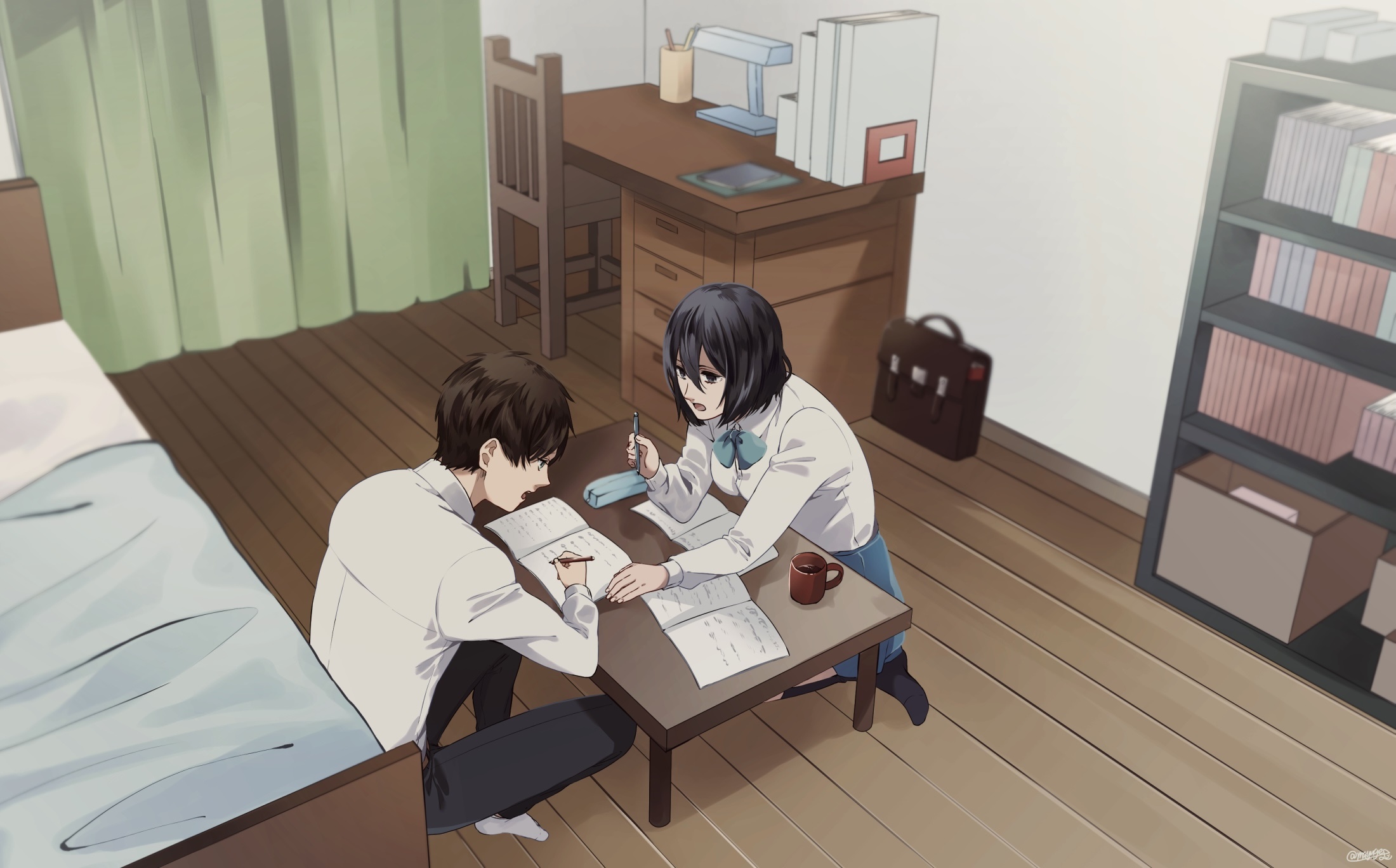 Eren Yeager and Mikasa Ackerman studying in a room HD Wallpaper