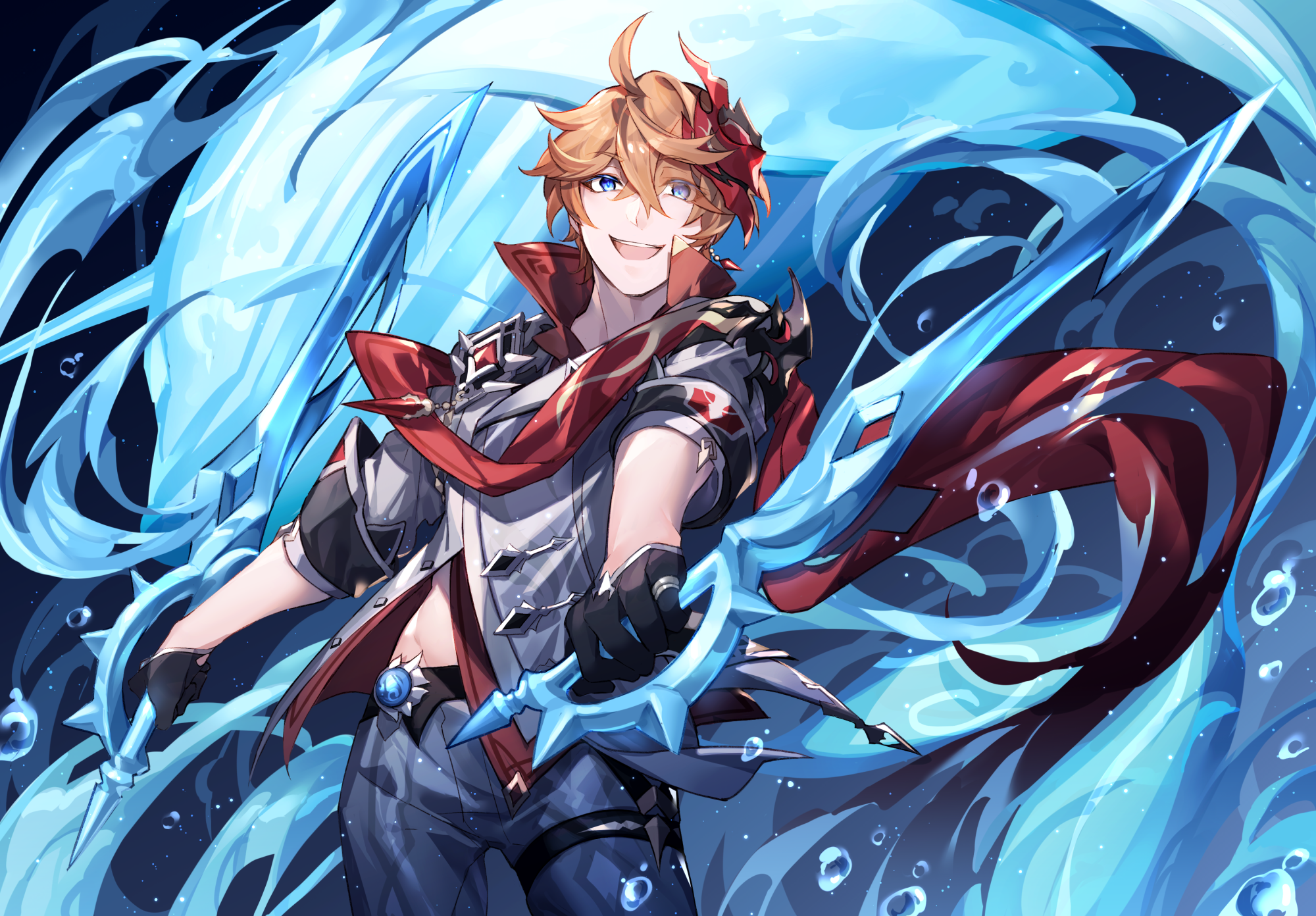 Tartaglia Childe from Genshin Impact with Hydro weapons HD Wallpaper