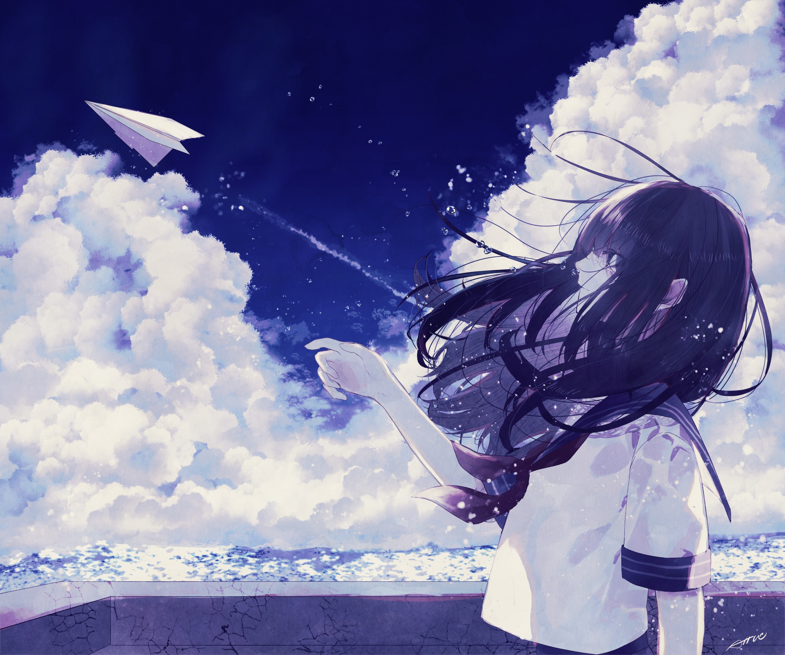 Girl in school uniform launching a paper airplane HD Wallpaper