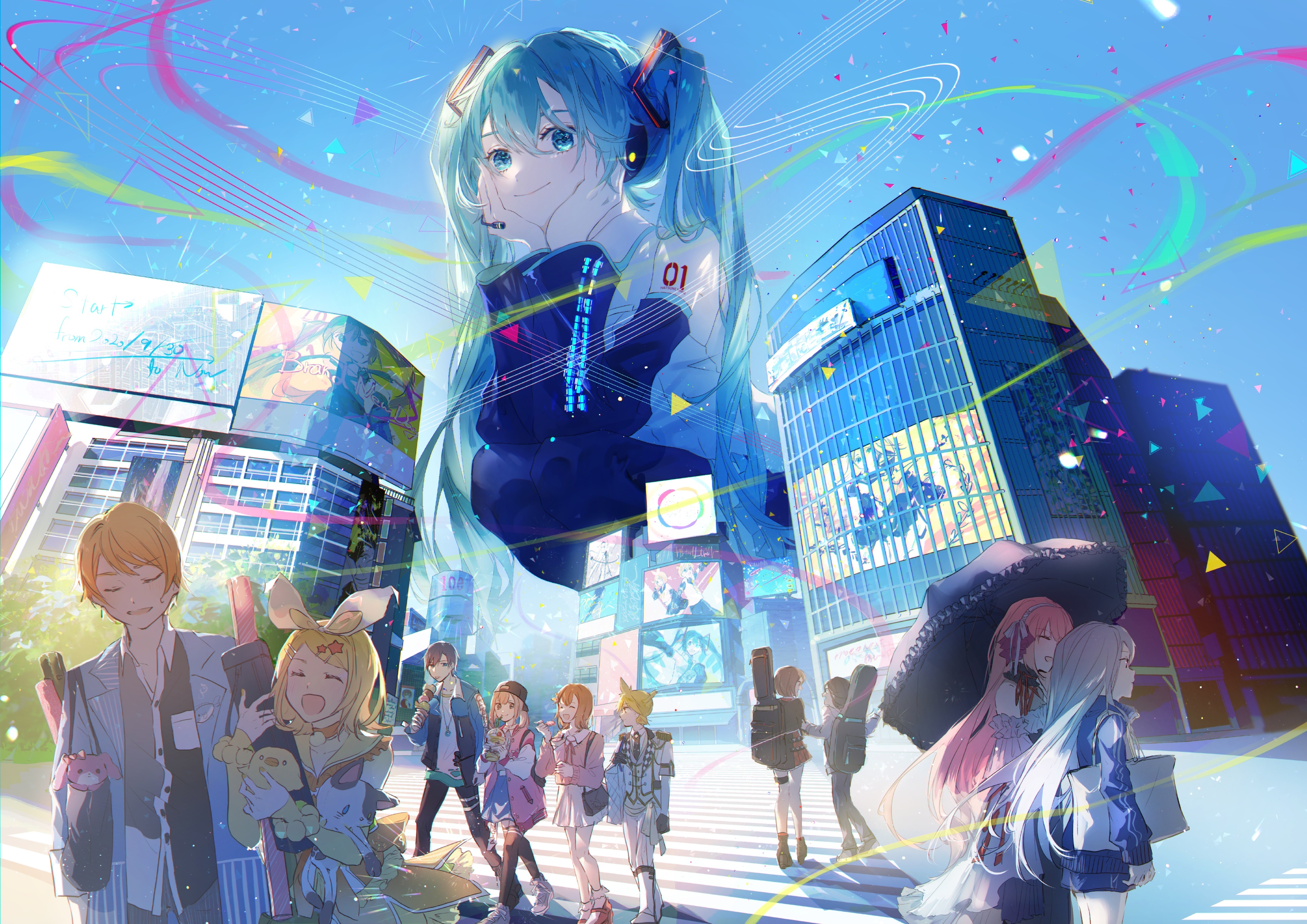 Hatsune Miku and friends in a city HD Wallpaper