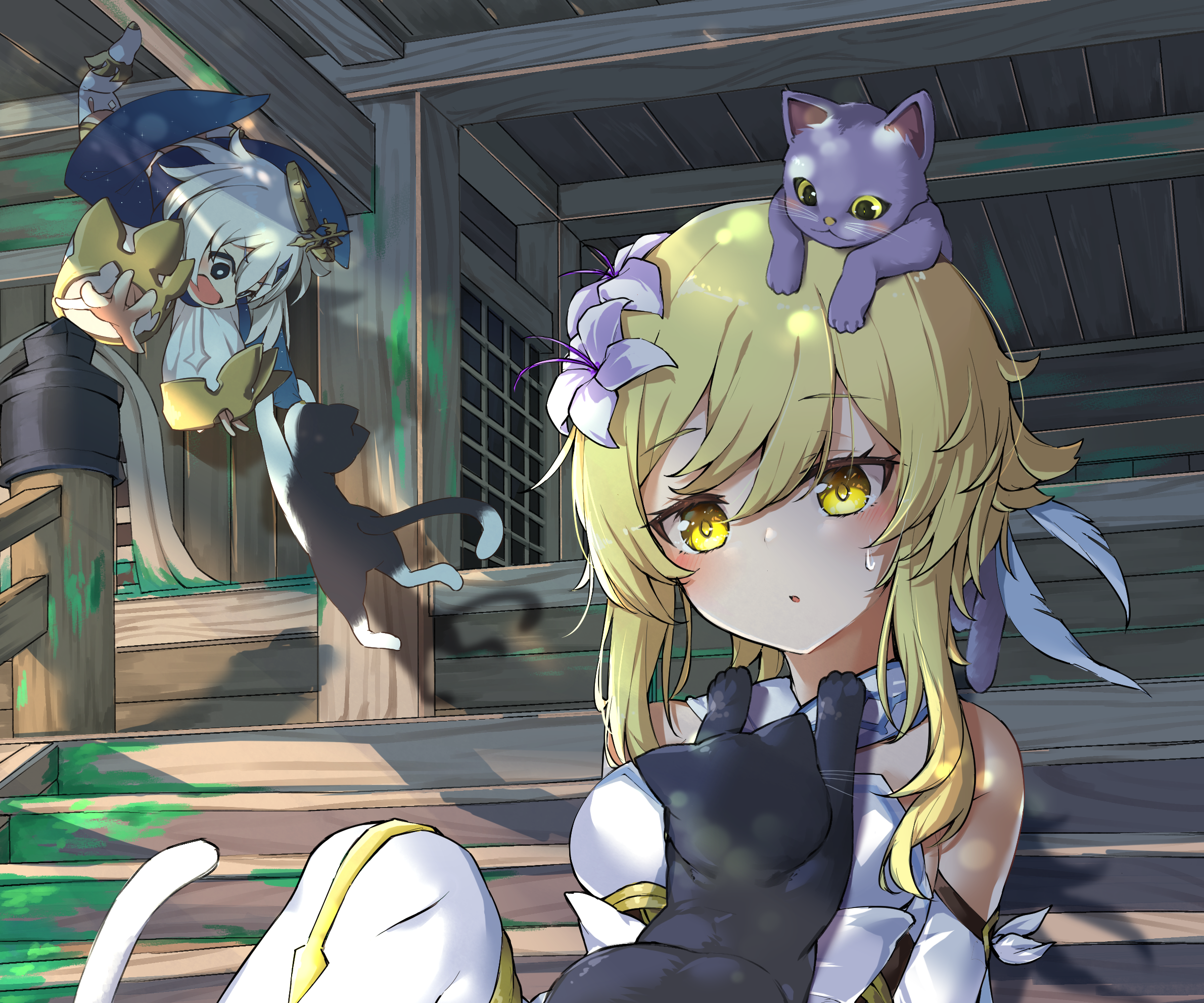 Lumine and Paimon from Genshin Impact with cats HD Wallpaper