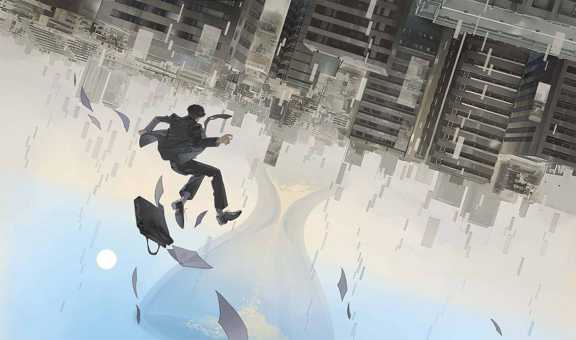 Man in suit falling with papers and briefcase HD Wallpaper