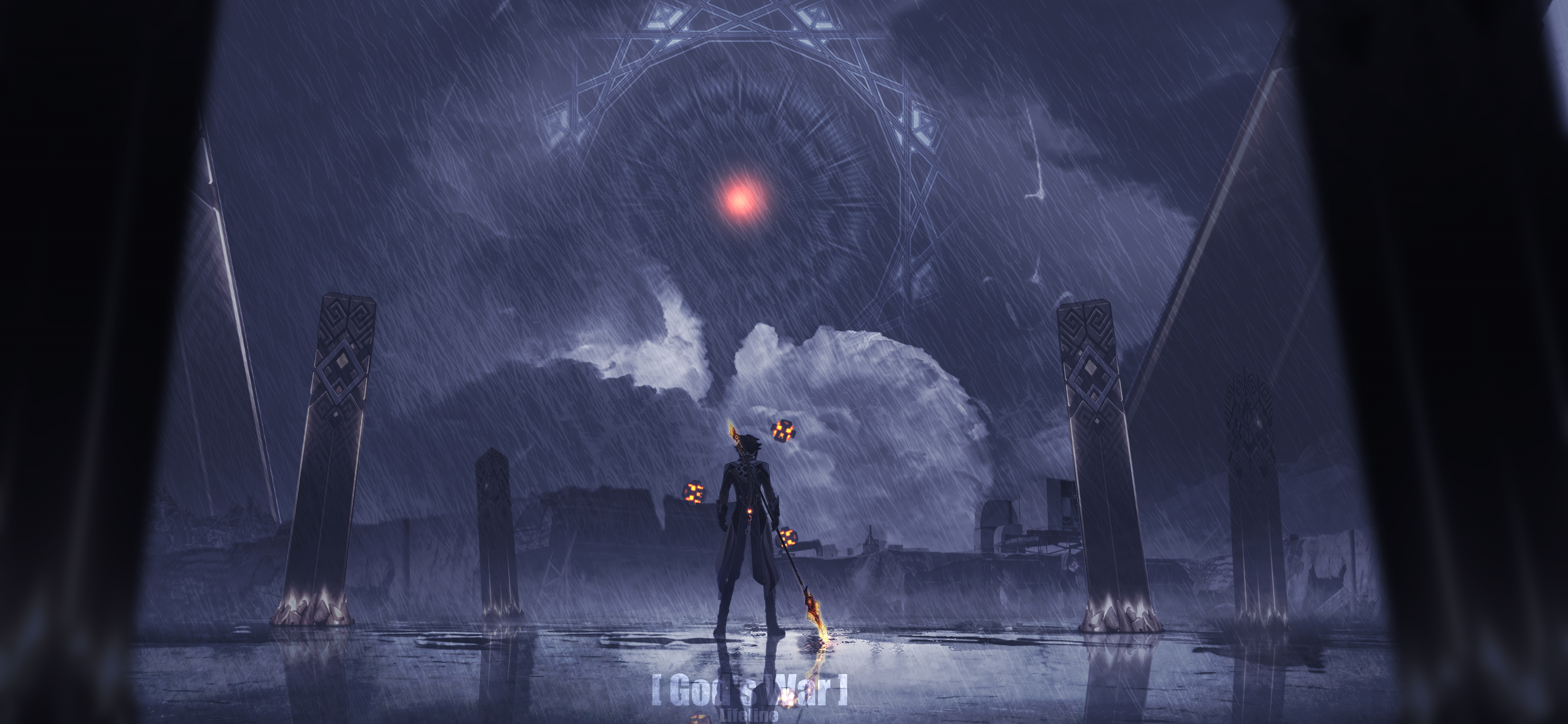Zhongli from Genshin Impact in a stormy landscape HD Wallpaper