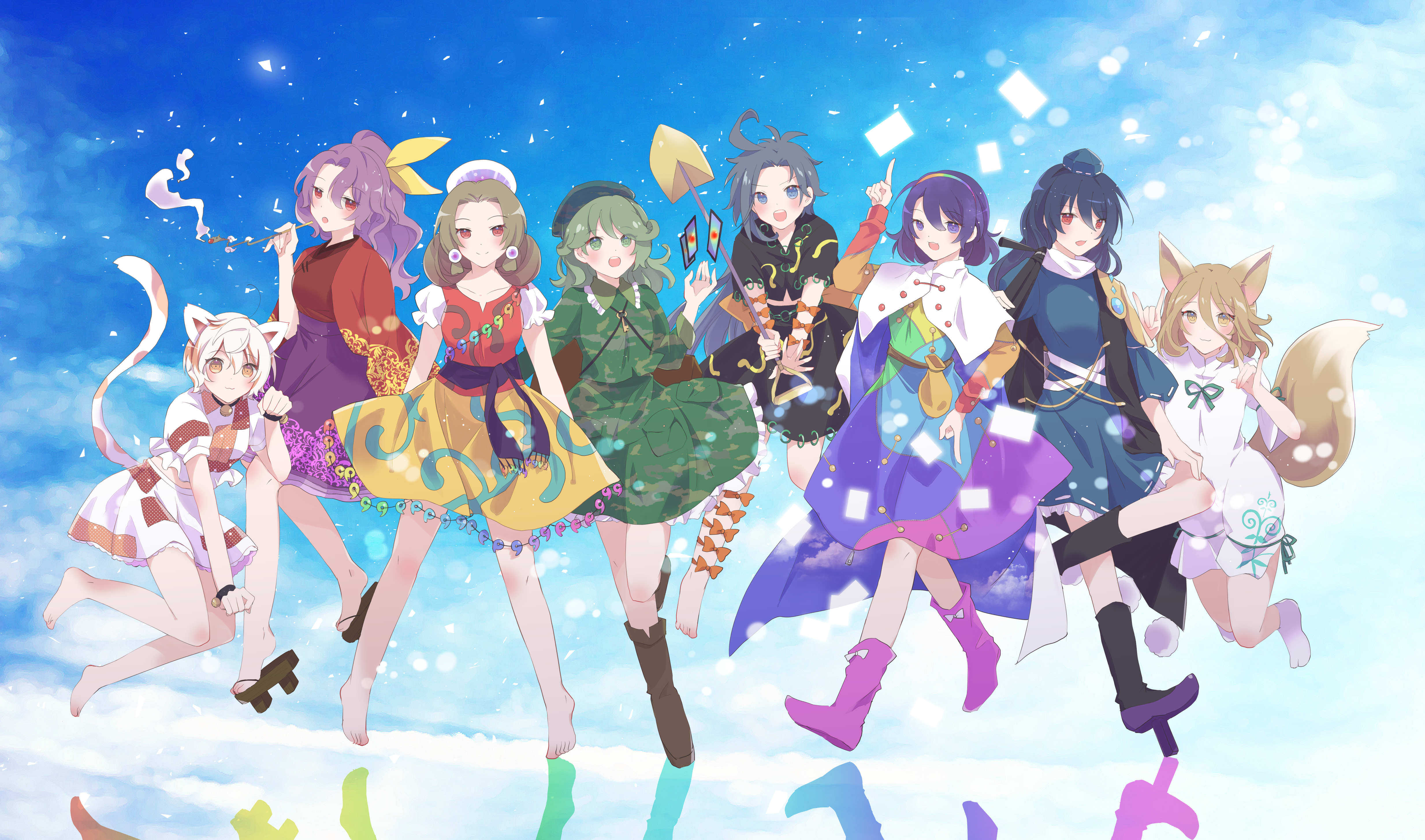 Touhou 4K: Chimata Tenkyuu, Momoyo Himemushi, Tsukasa Kudamaki, Takane Yamashiro, Megumu Hanemura, Goutokuji Mike, Misumaru Tamatsukuri, Komakusa Sannyo HD Wallpaper