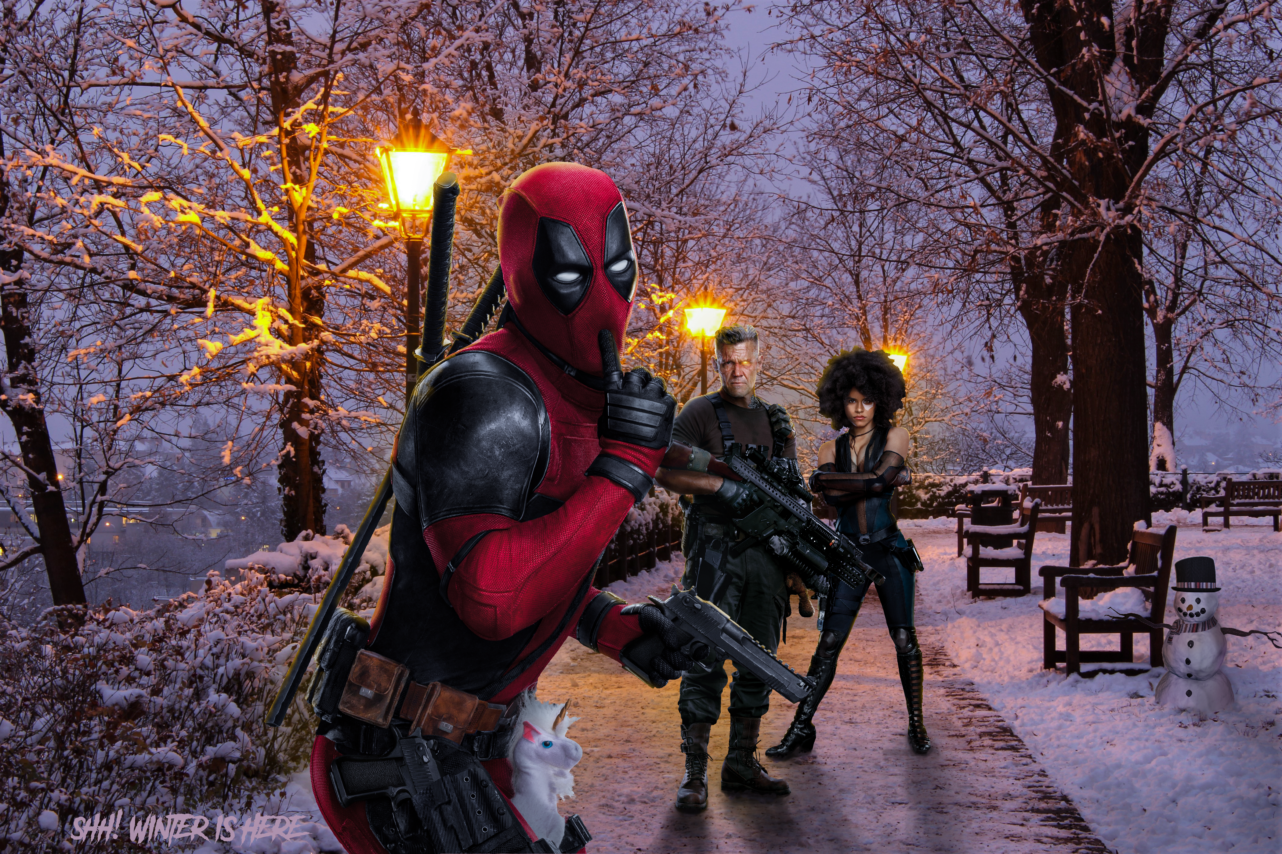 Deadpool 2 4K: Deadpool, Domino, and Cable in Snow HD Wallpaper