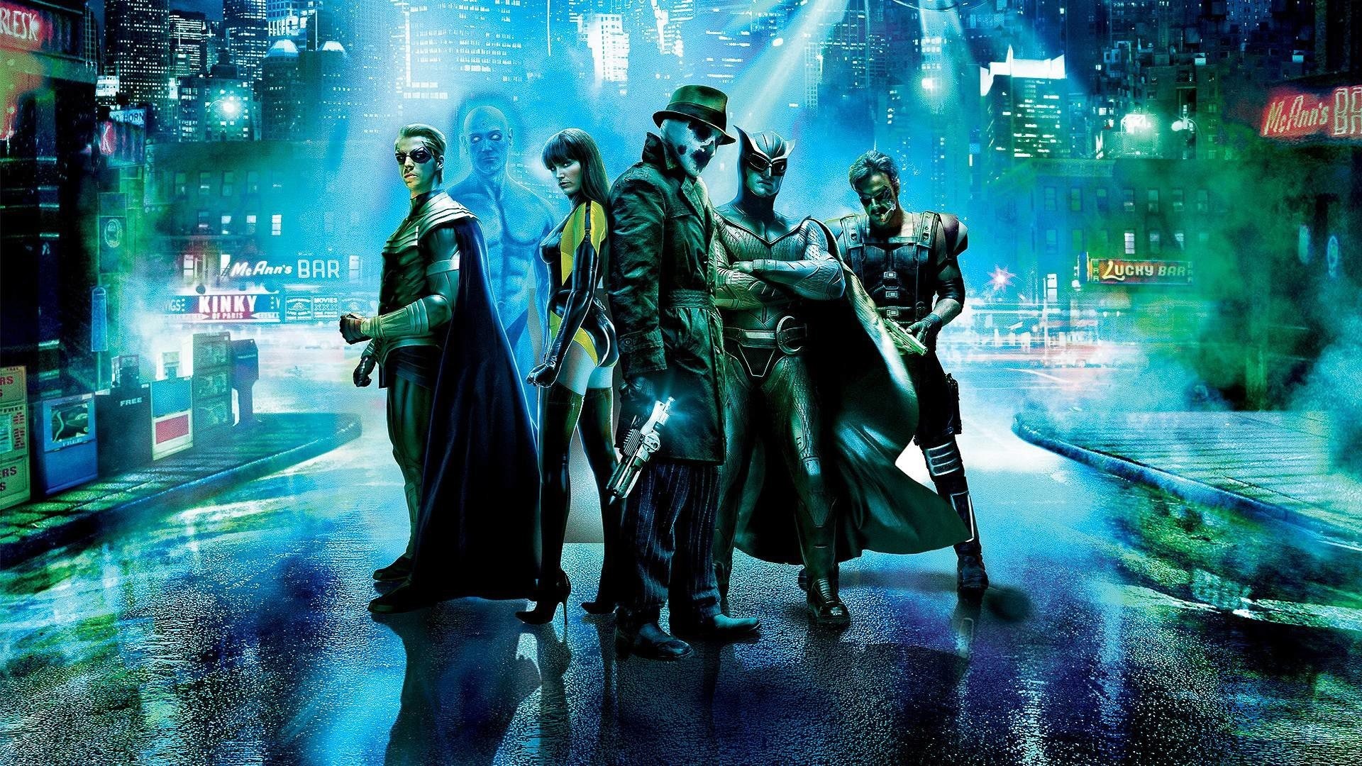 Watchmen characters in a city at night HD Wallpaper