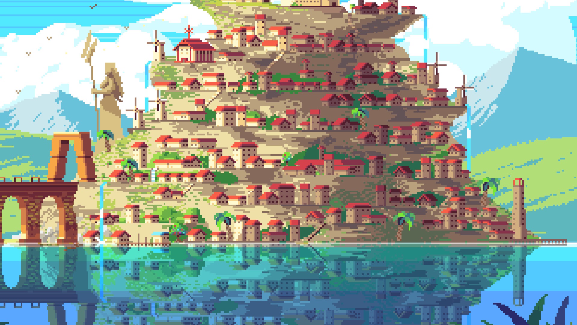 Pixel art city on a hill overlooking a lake HD Wallpaper