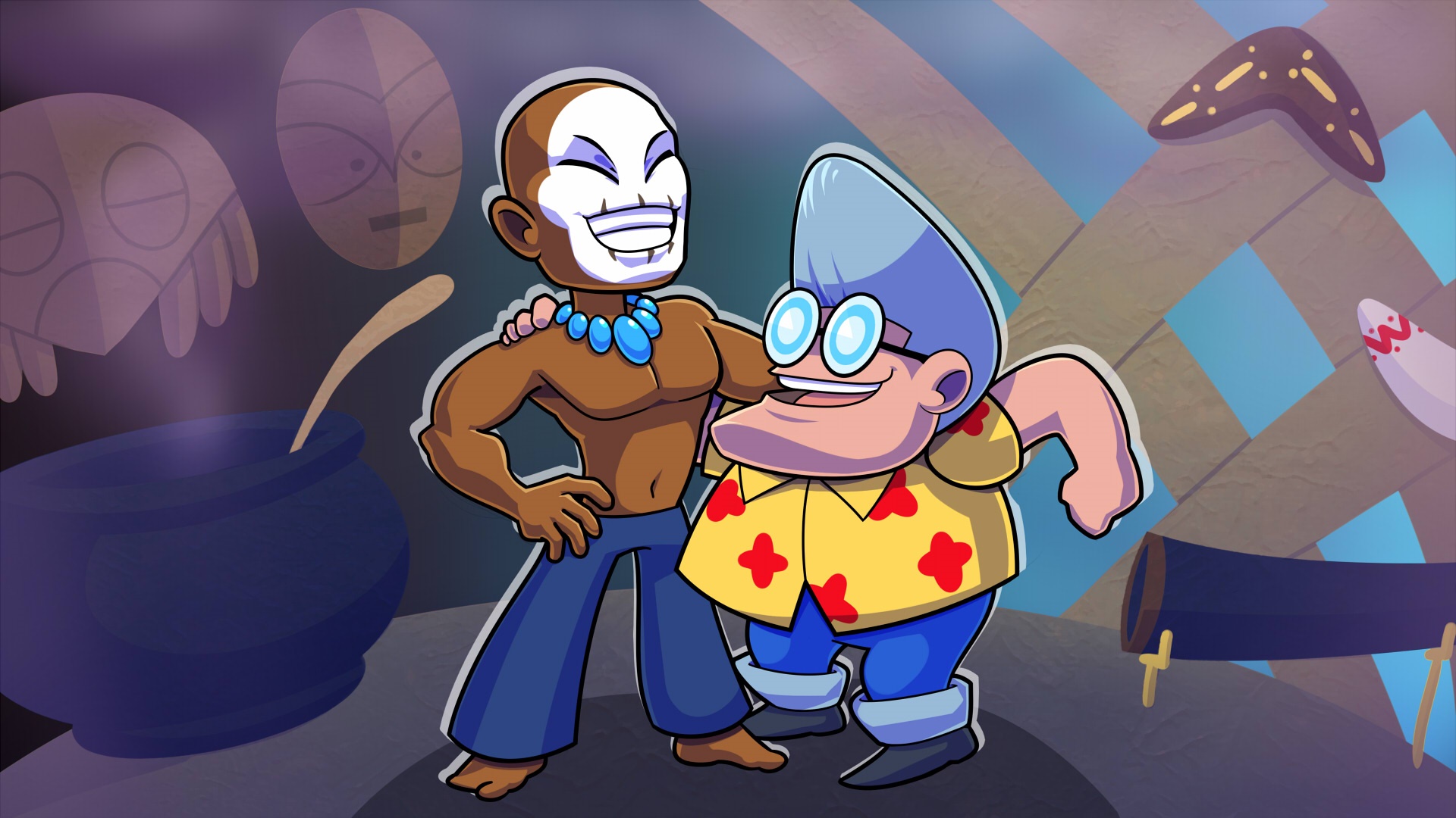 Two cartoon characters with tribal masks and boomerangs HD Wallpaper