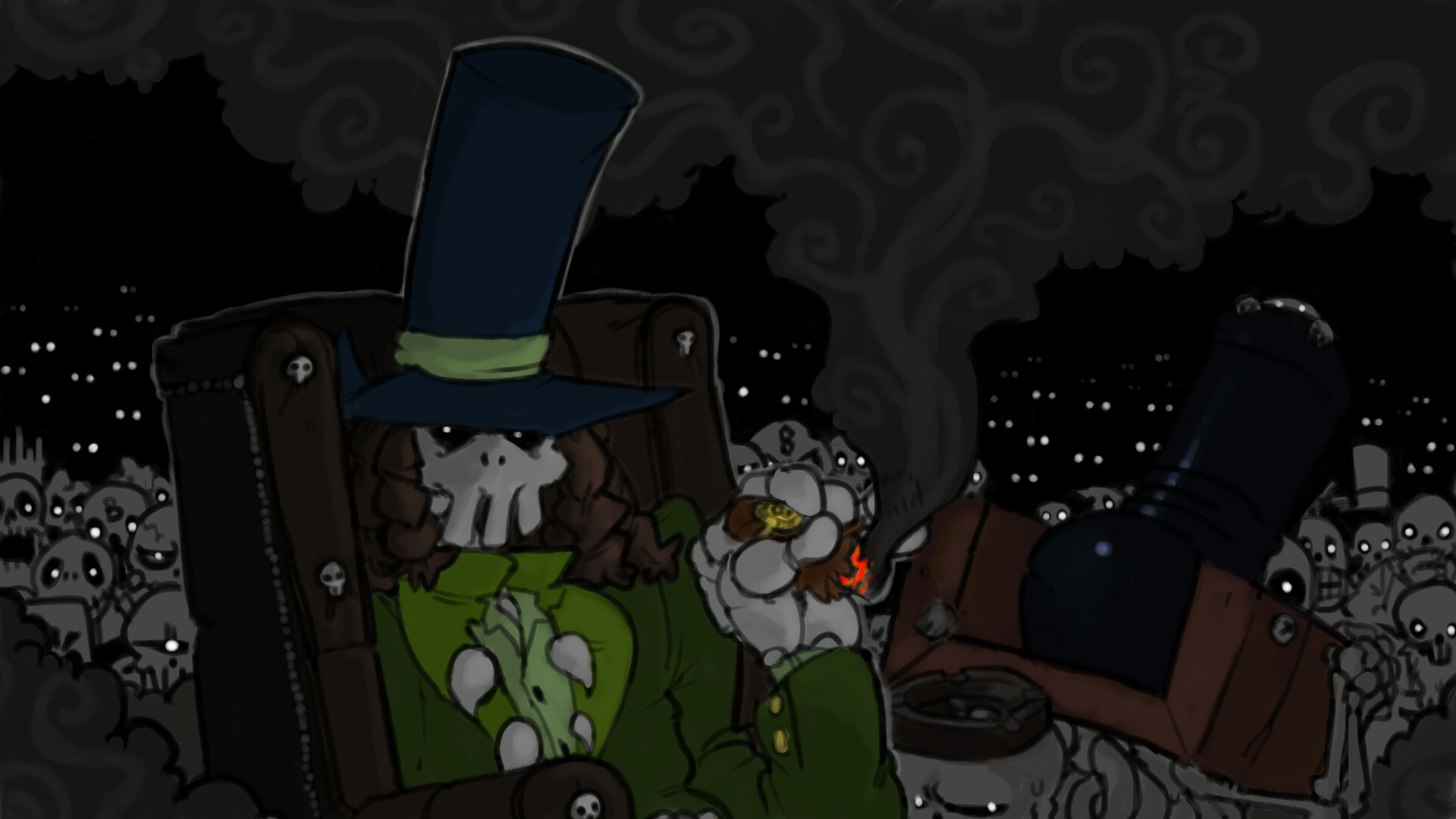 Skeleton with top hat smoking cigar in chair HD Wallpaper