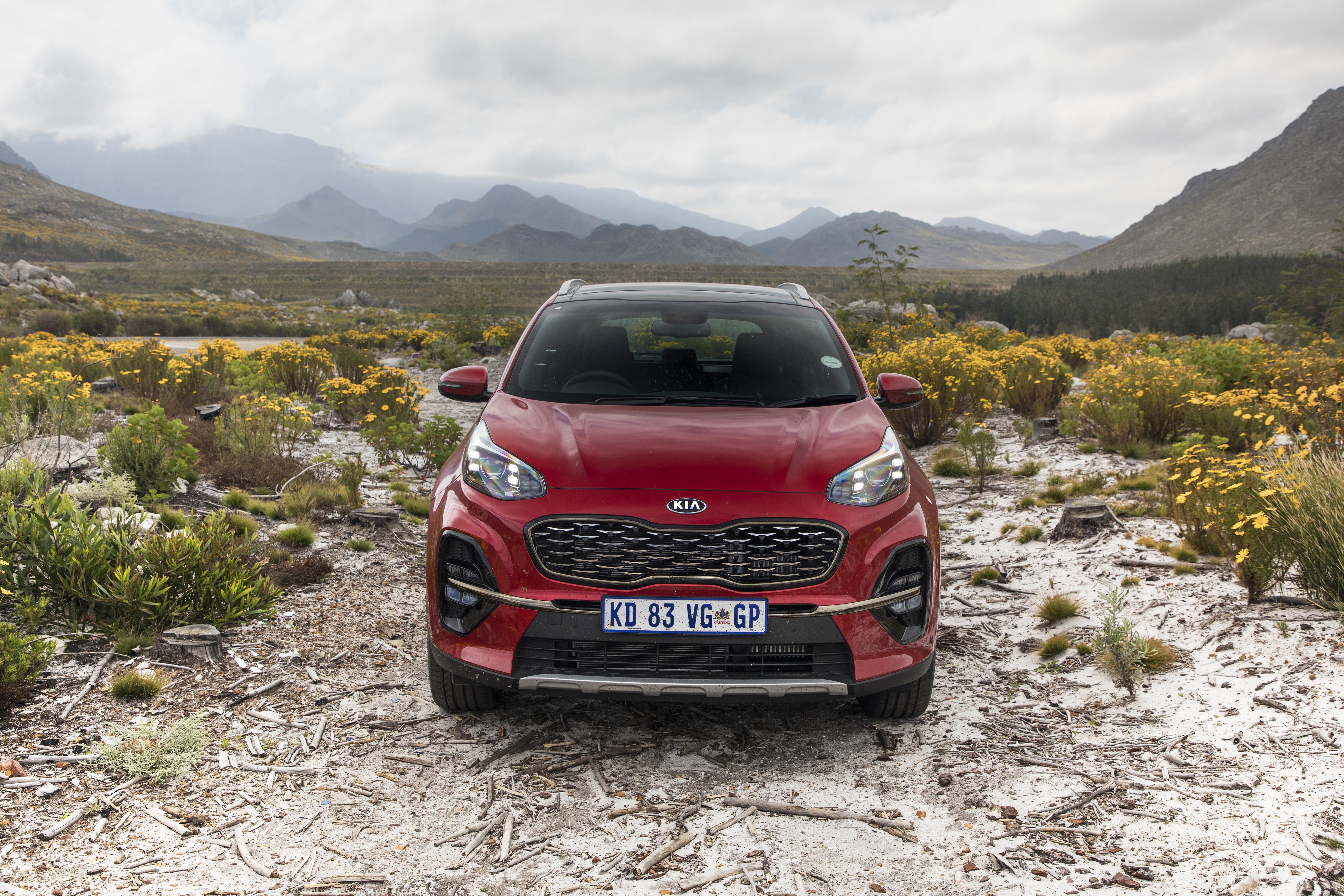 Red Kia Sportage SUV in a natural landscape HD Wallpaper