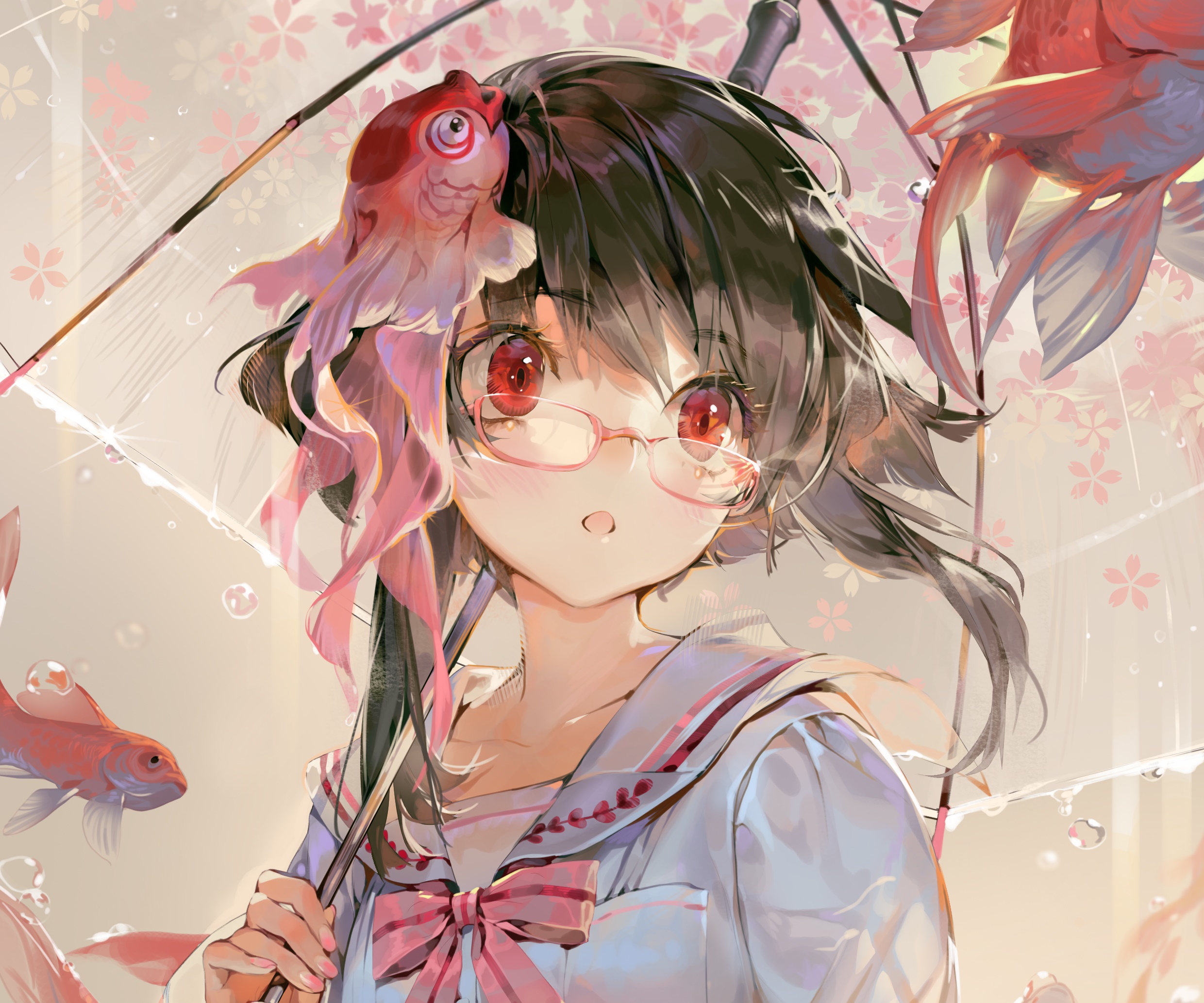 Kagura from Onmyoji with goldfish and umbrella HD Wallpaper