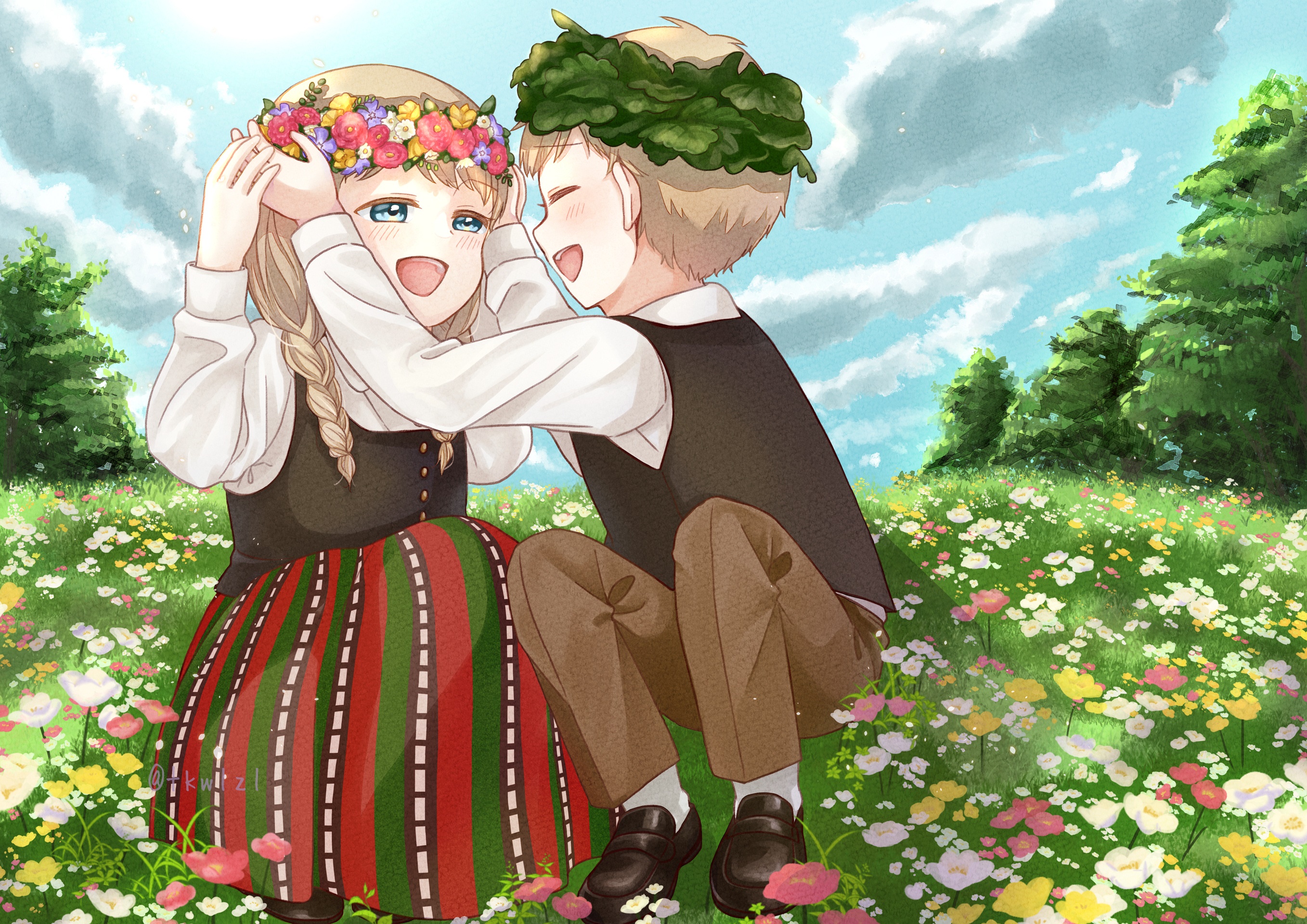 Children in traditional clothing with flower and leaf crowns in a meadow HD Wallpaper