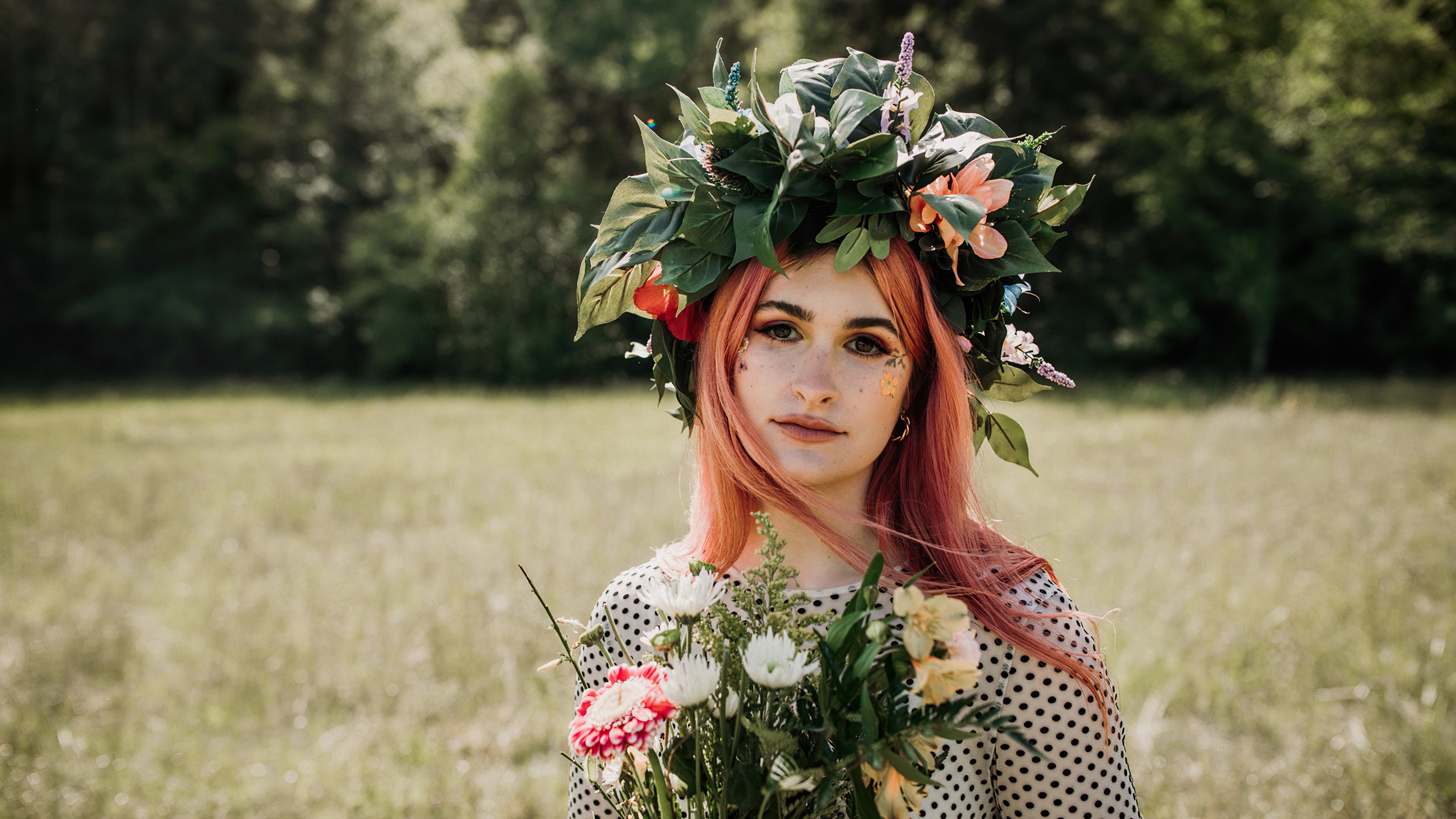 Woman with flower crown and bouquet HD Wallpaper