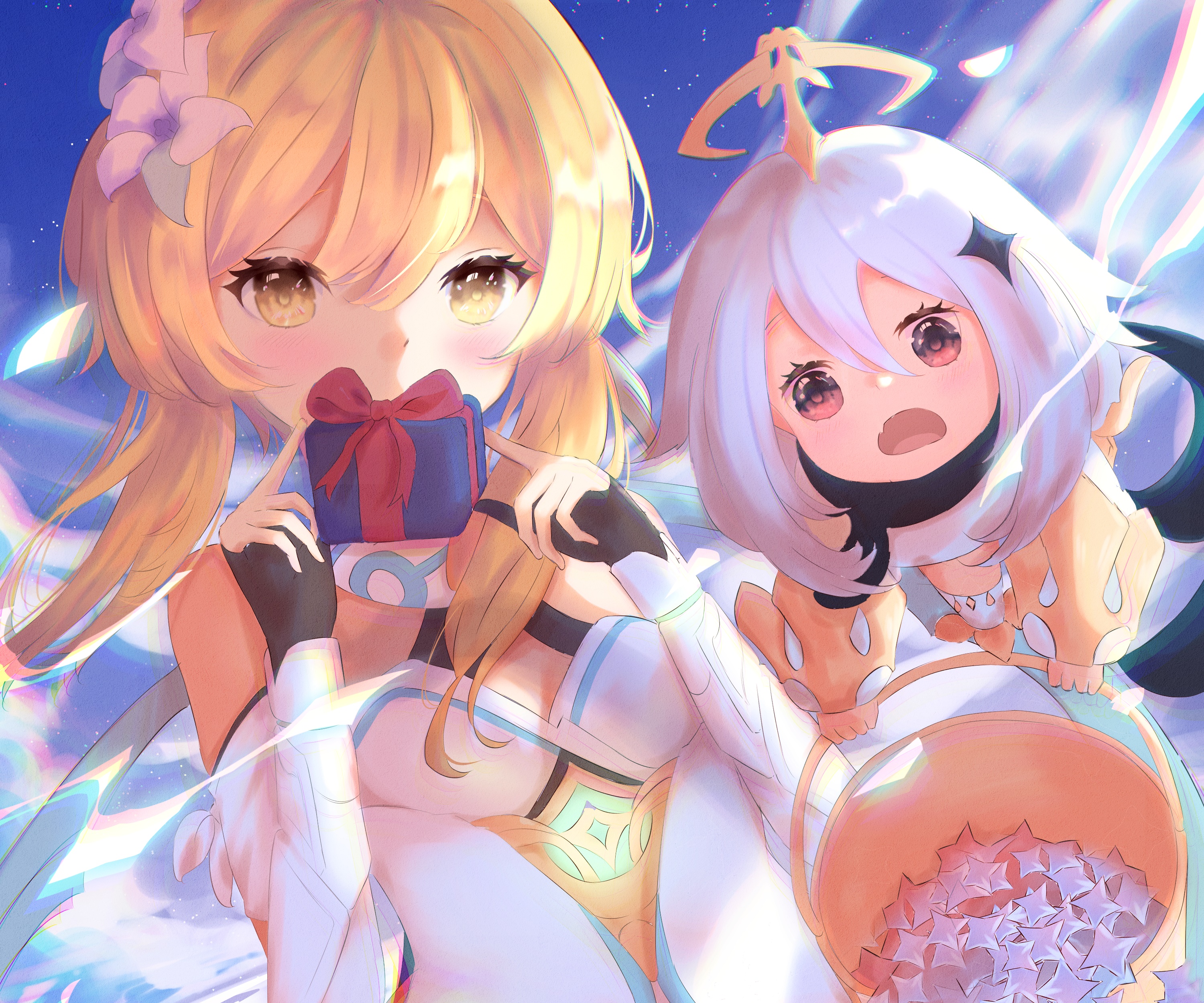 Lumine and Paimon from Genshin Impact with a gift HD Wallpaper