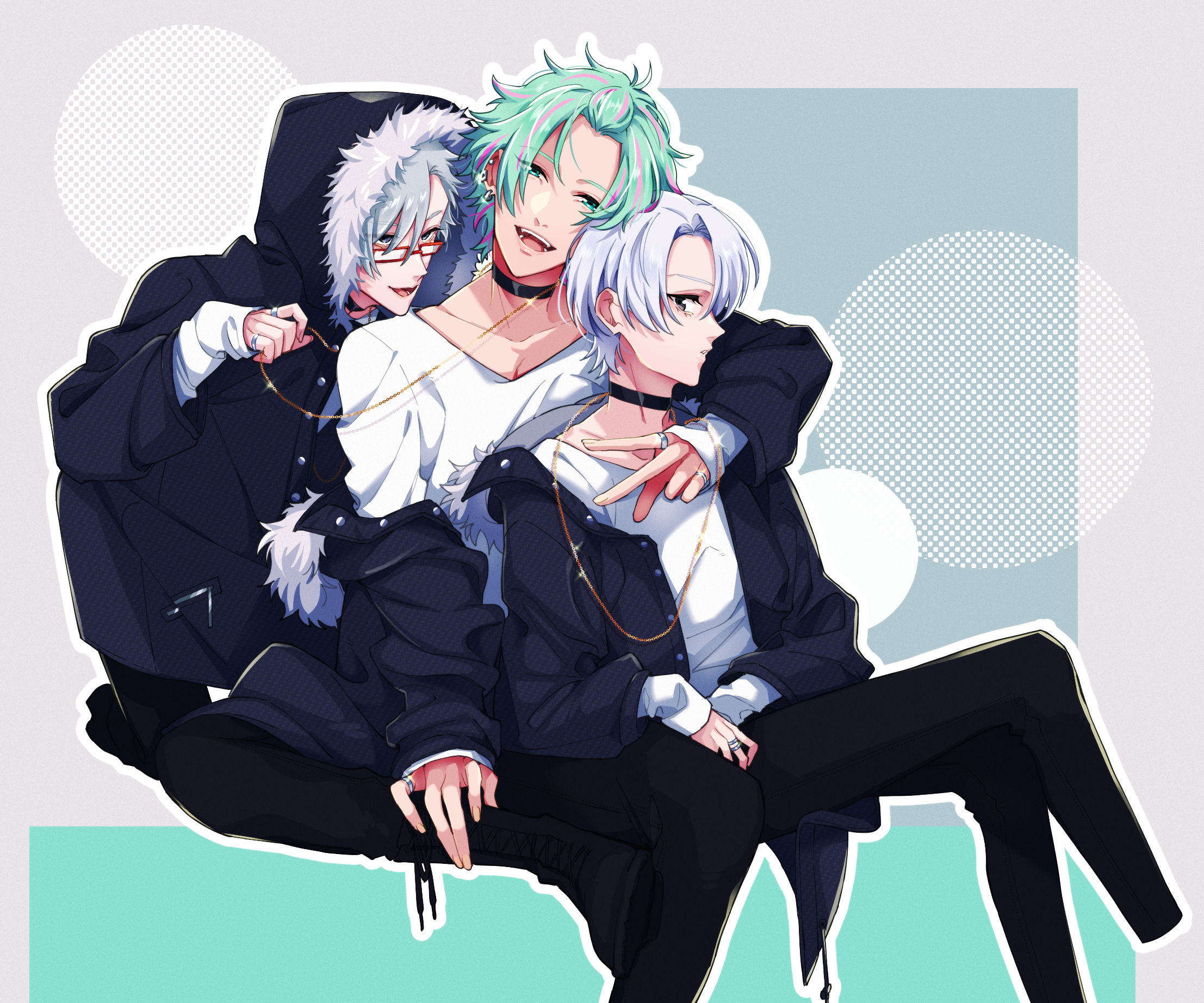 Three anime boys with colorful hair and stylish outfits HD Wallpaper