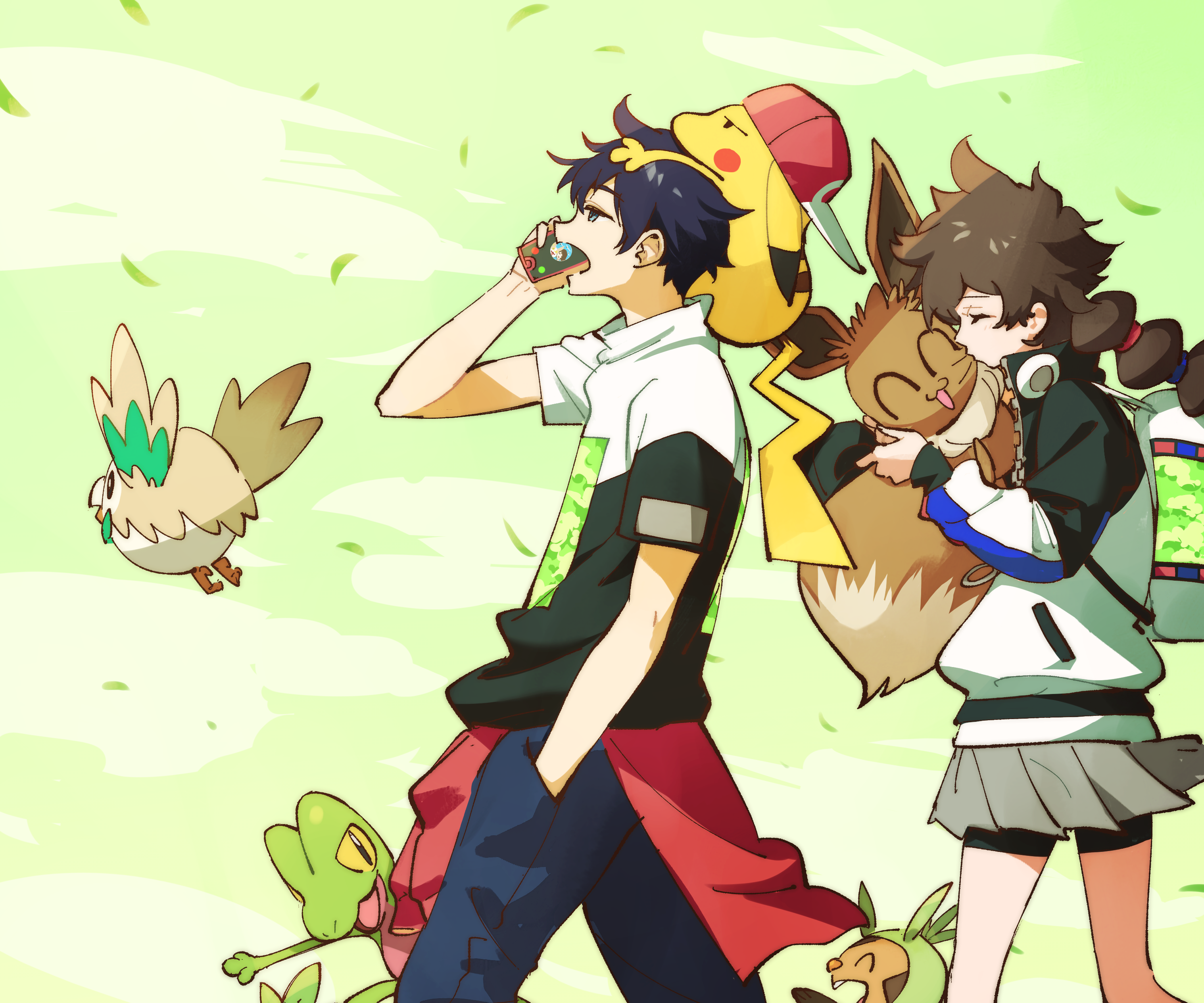 Pokémon characters with Rowlet, Treecko, Eevee, and Pikachu HD Wallpaper