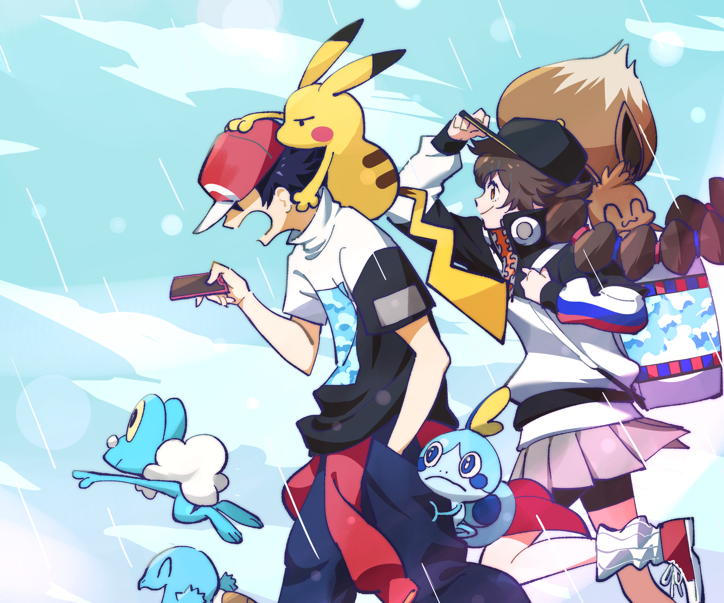 Pokémon characters in the rain with Pikachu, Eevee, Froakie, and Sobble HD Wallpaper