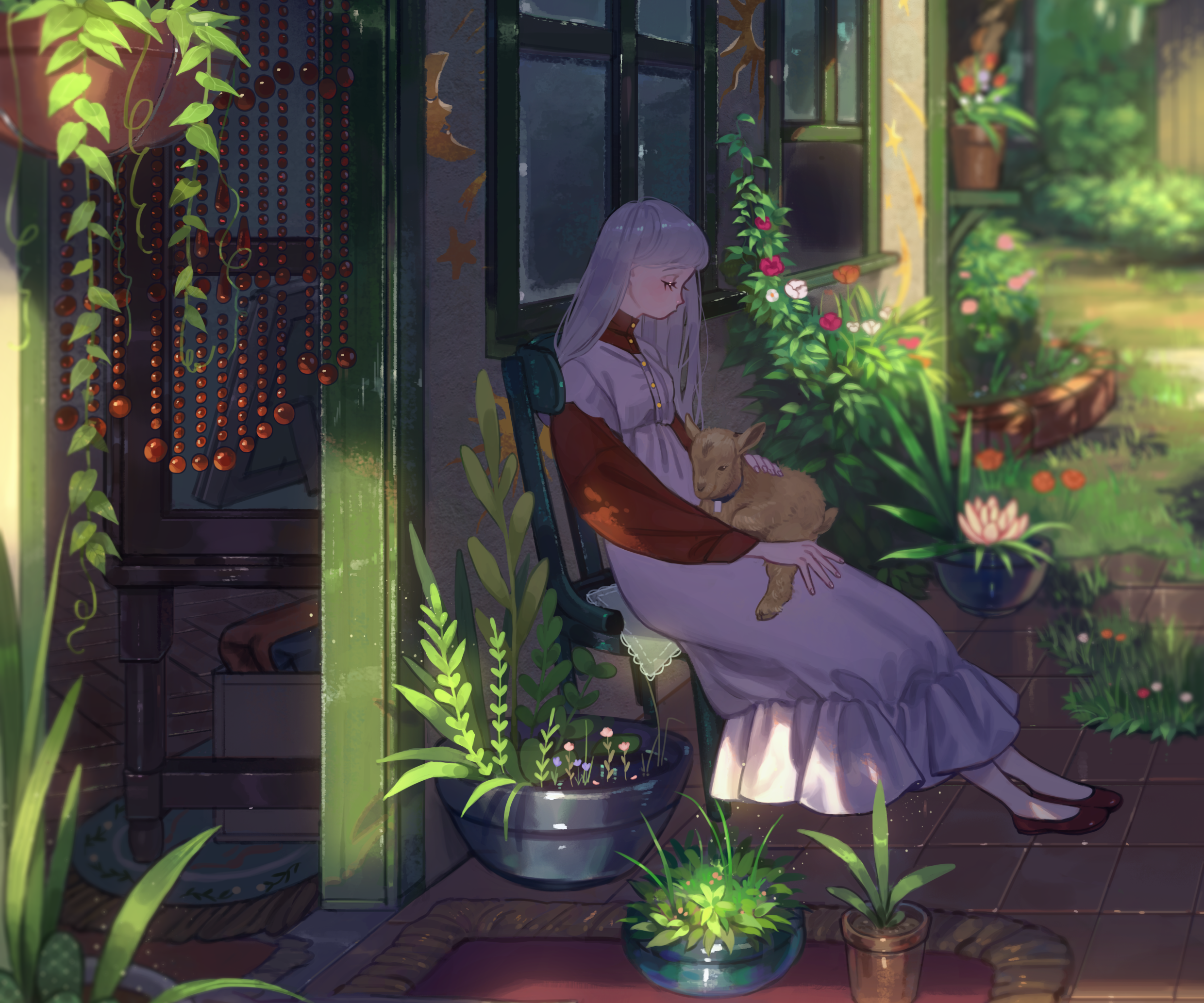 Girl holding a goat on a porch with plants HD Wallpaper