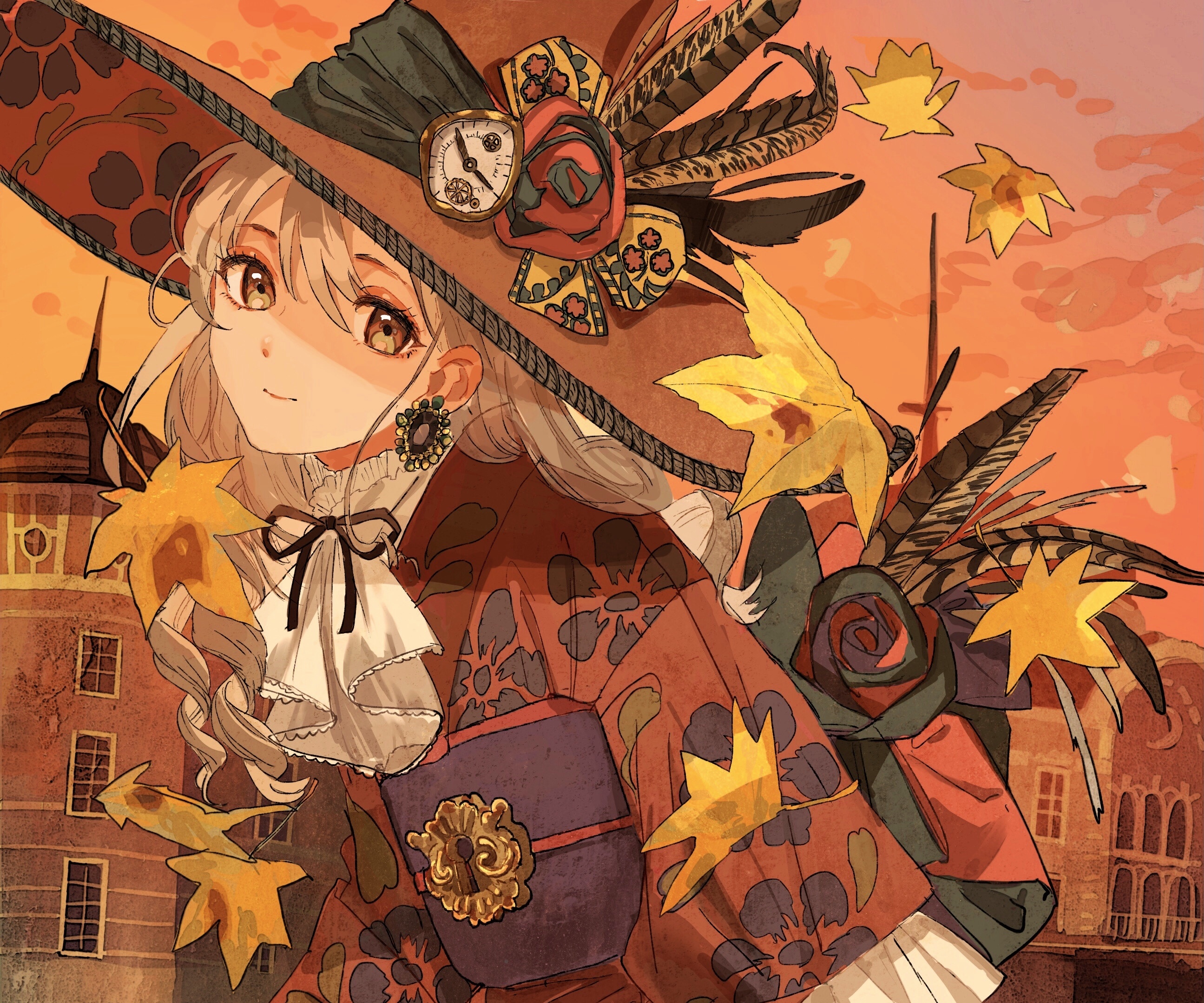 Girl in a hat with autumn leaves HD Wallpaper
